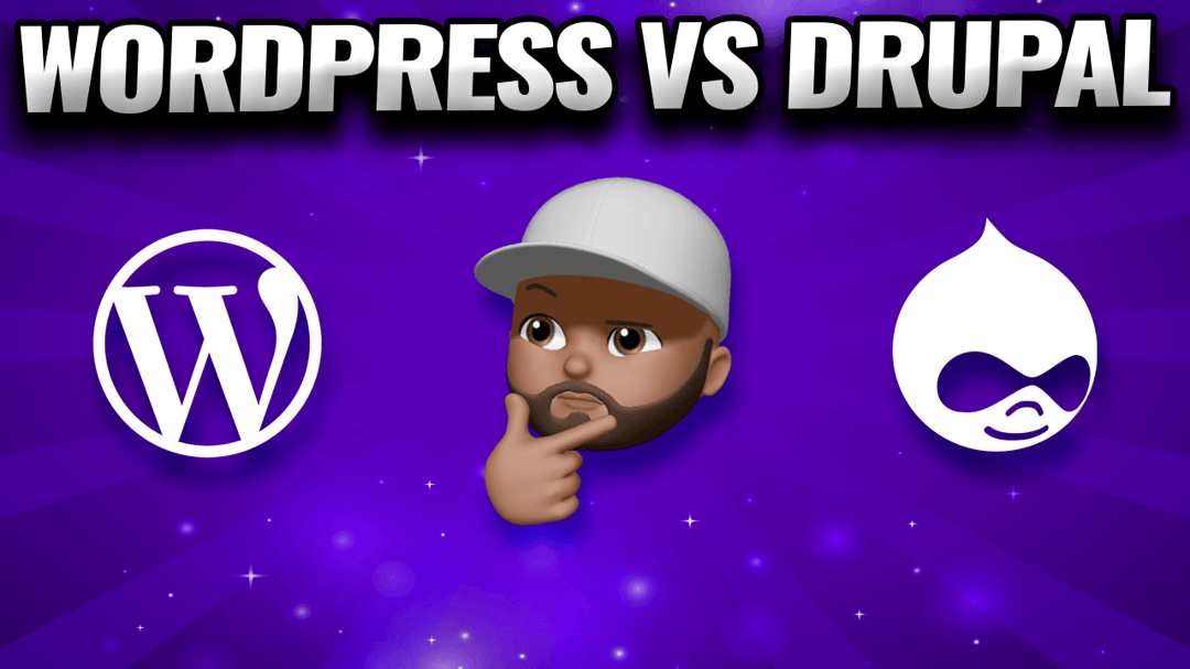 "WordPress vs Drupal" with Wordpress logo, drupal logo, and the Technical Master Memoji
