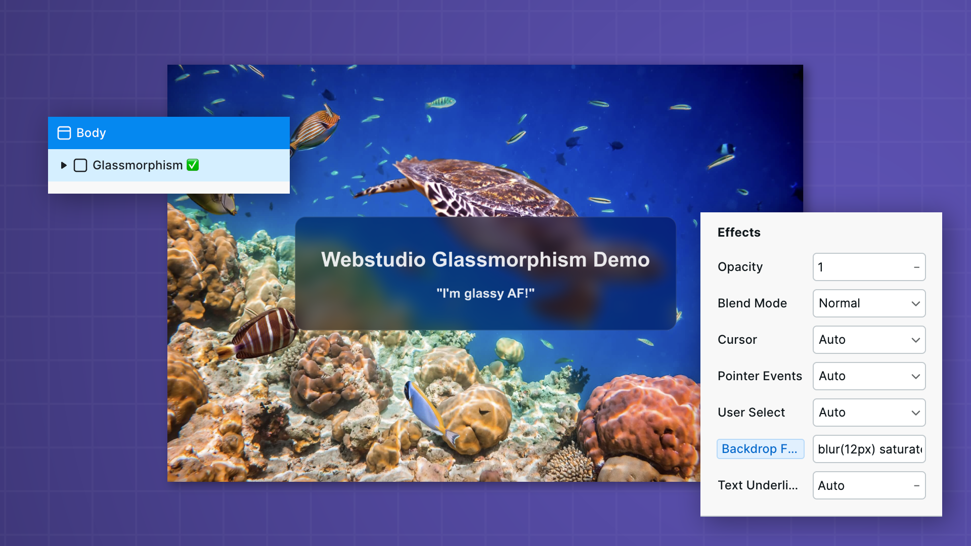"Glassmorphism on Webstudio" with demo and components that create the blur effect