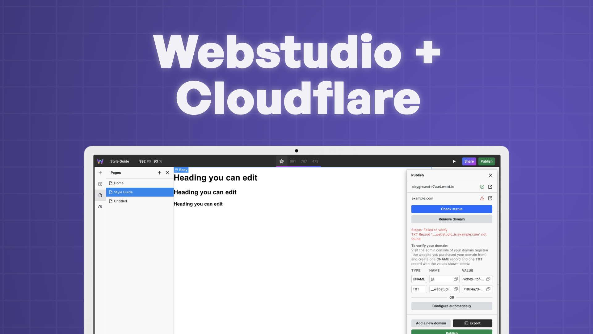 "Webstudio + Cloudflare" with screenshot of the Webstudio DNS settings.