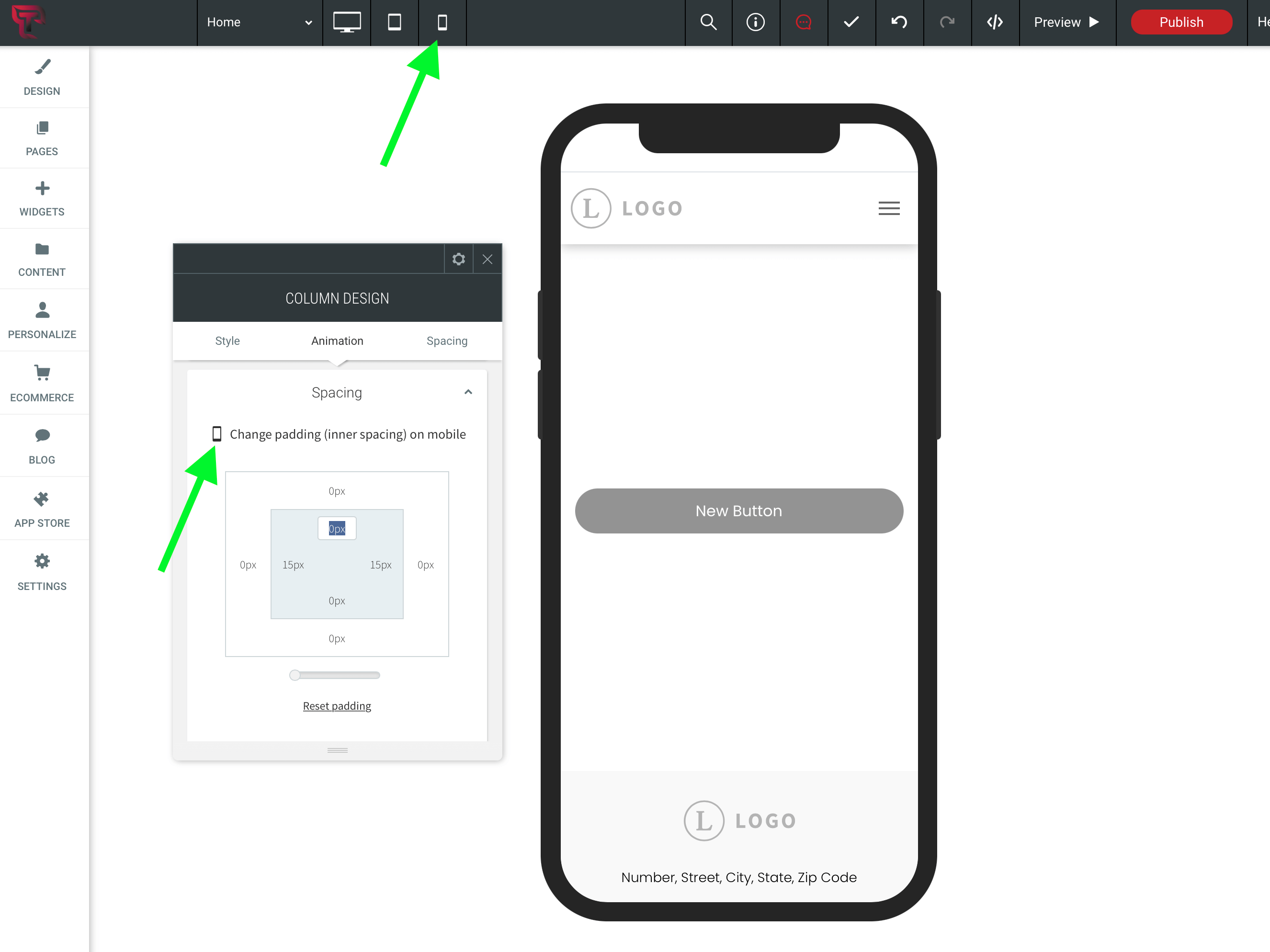 Mobile icon showing you're editing mobile styles