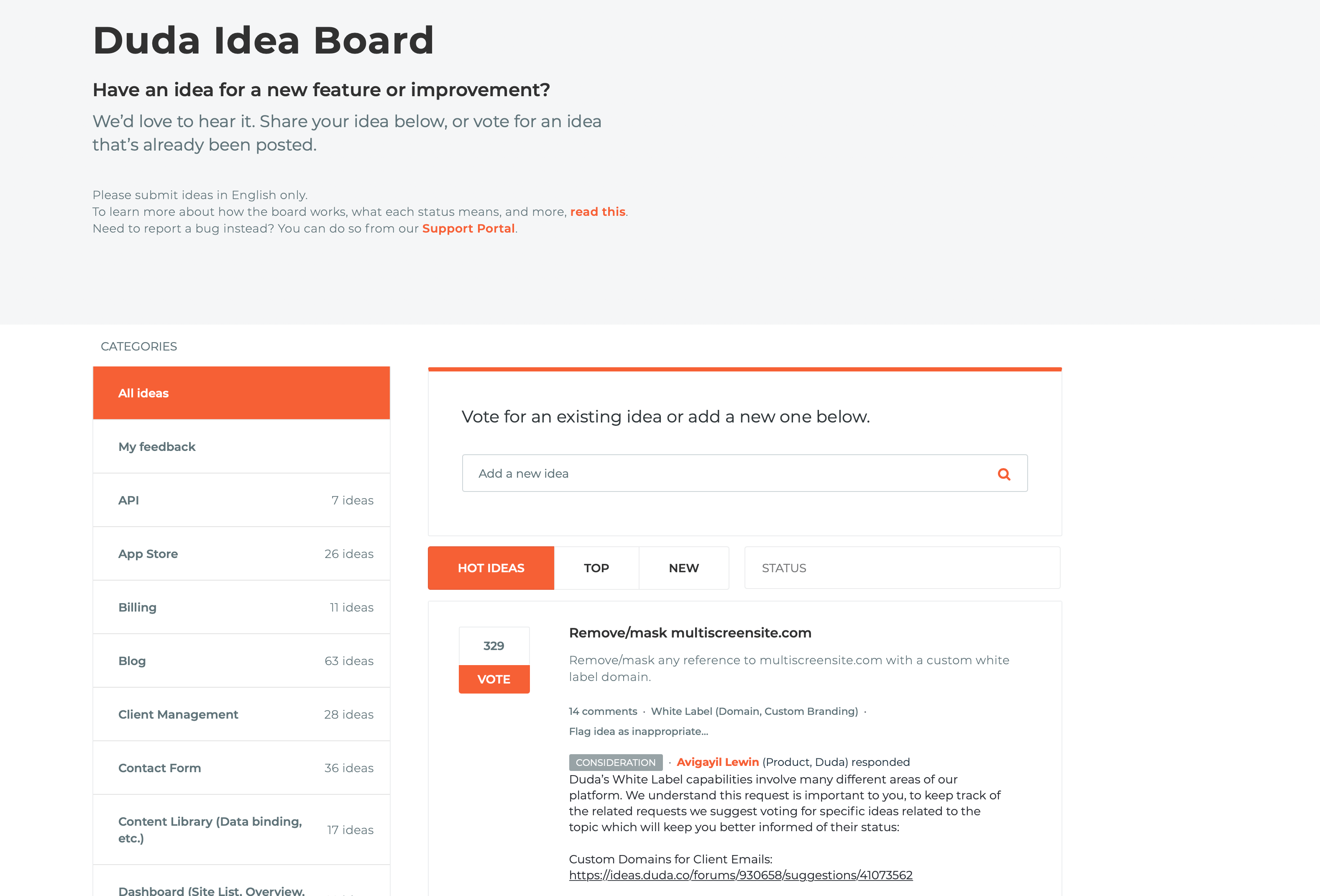 Duda Idea Board dashboard 