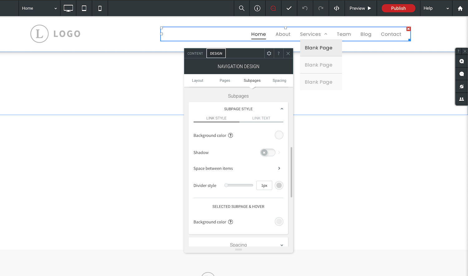 Design settings for subpages in Duda.
