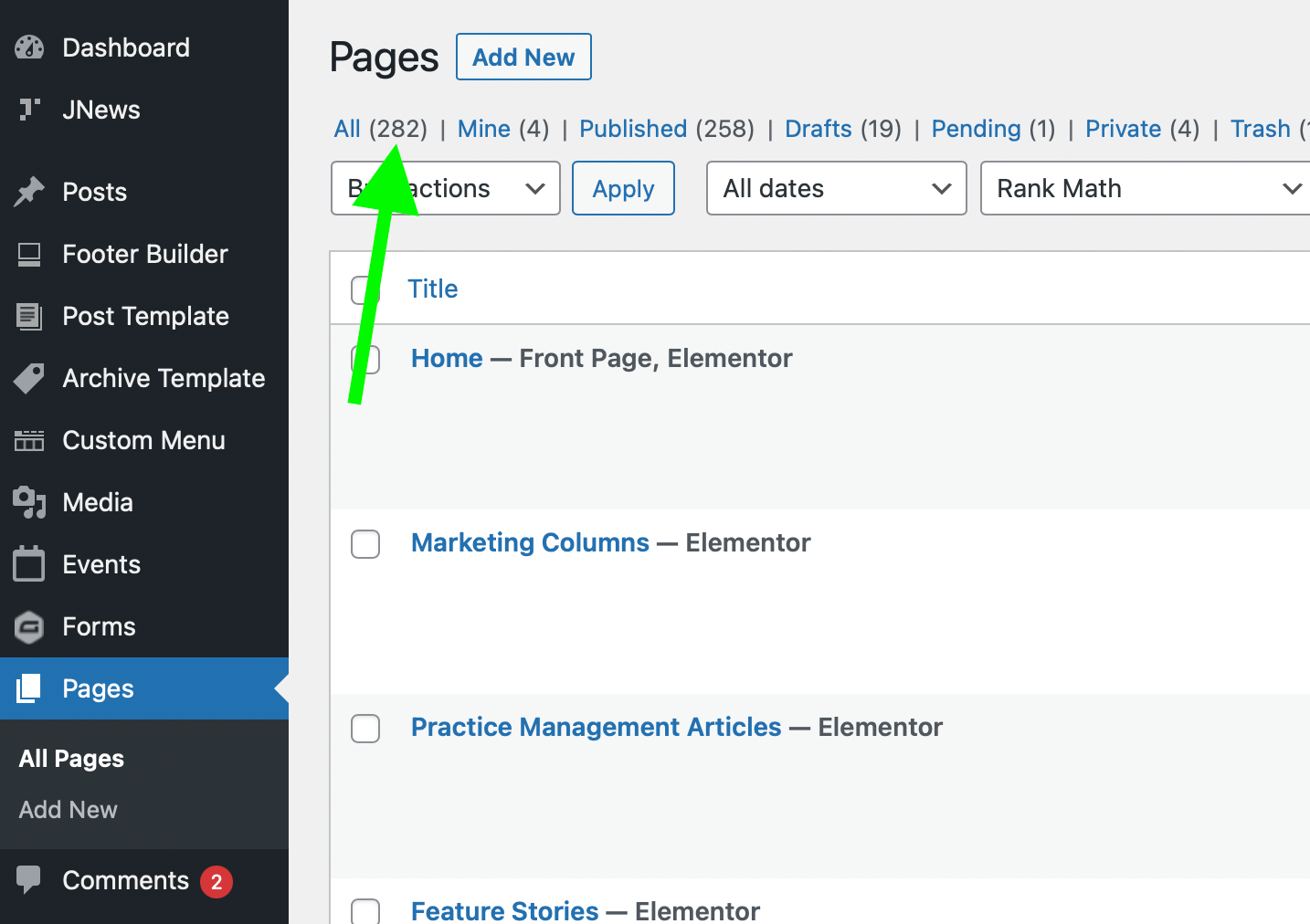 WordPress page count at 282
