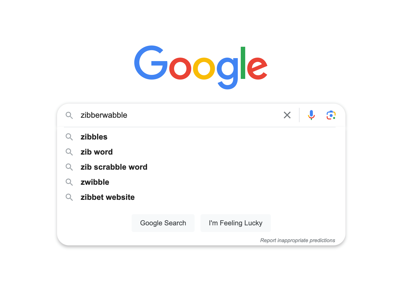 Google autocomplete for Zibberwabble... nothing shows up
