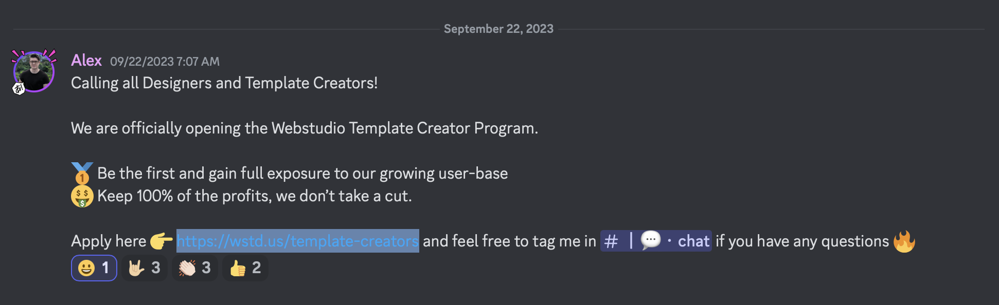 Discord message for new Template Creators