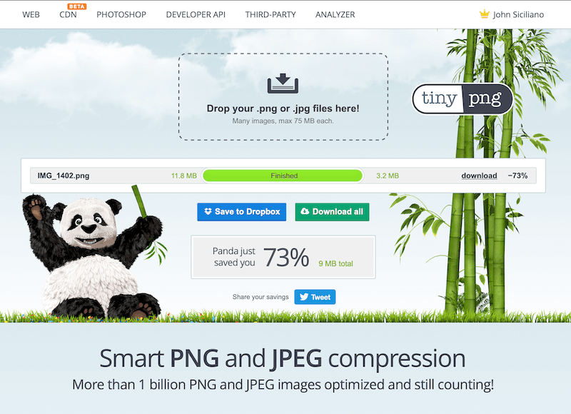 TinyPng dashboard with 73% savings
