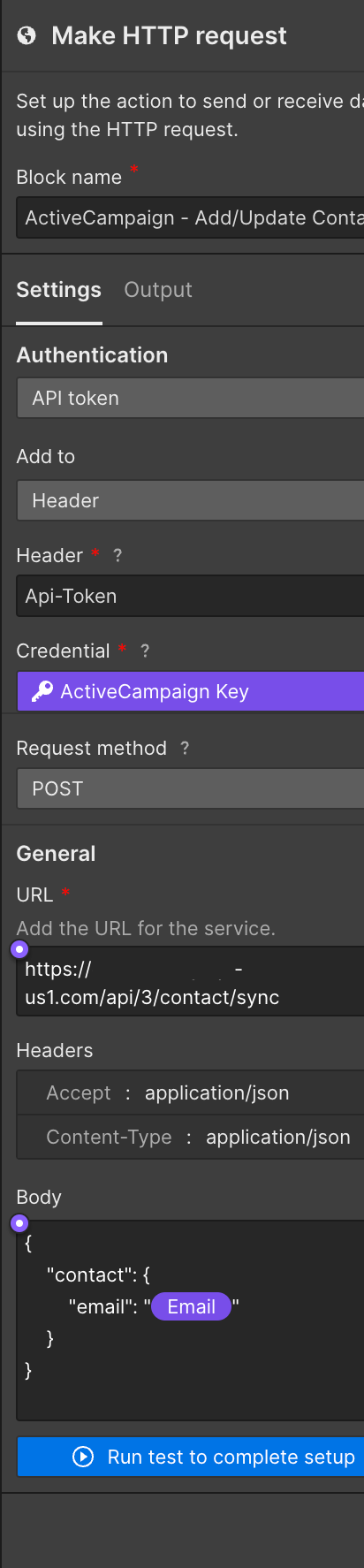 Webflow Logic Action to add email to ActiveCampaign