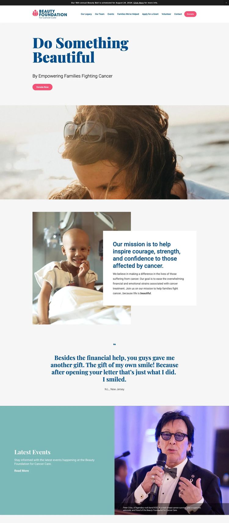 Screenshot 1 of The Beauty Foundation for Cancer Care (Example Squarespace Nonprofit Organization Website)