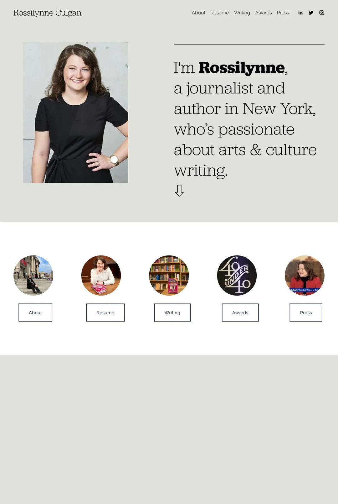 Screenshot 1 of Rossilynne Culgan (Example Squarespace Journalist Website)