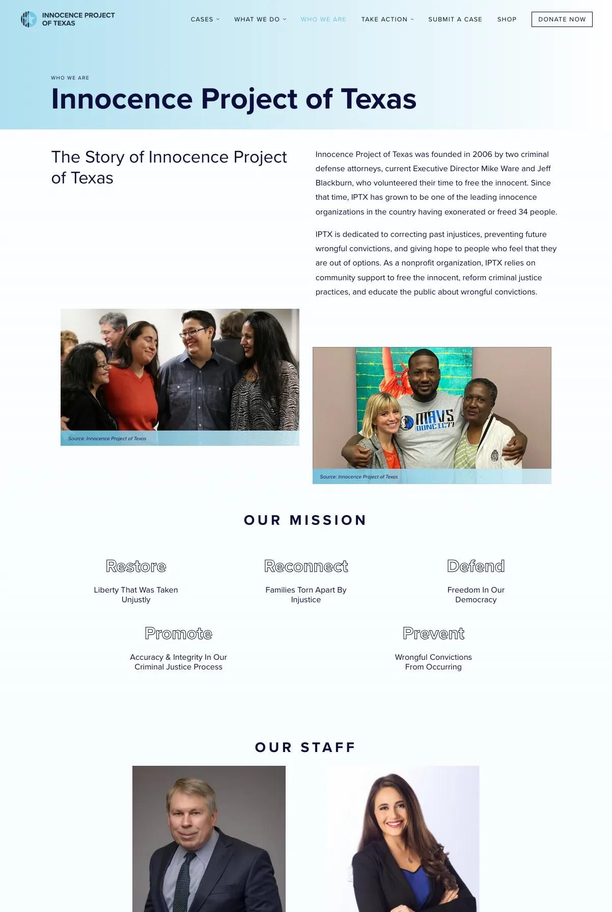 Screenshot 3 of Innocence Project of Texas (Example Squarespace Nonprofit Website)