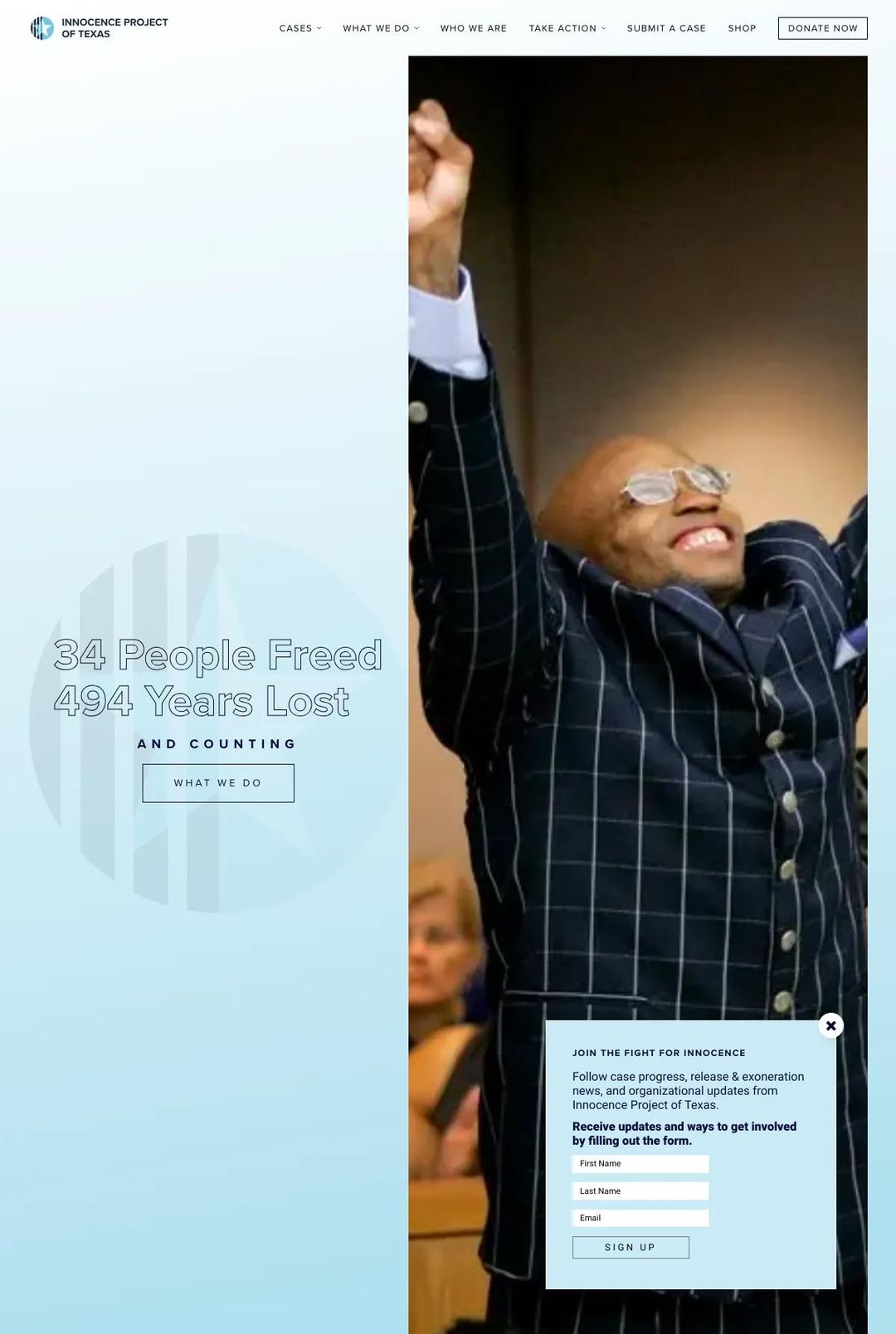 Screenshot 1 of Innocence Project of Texas (Example Squarespace Nonprofit Website)