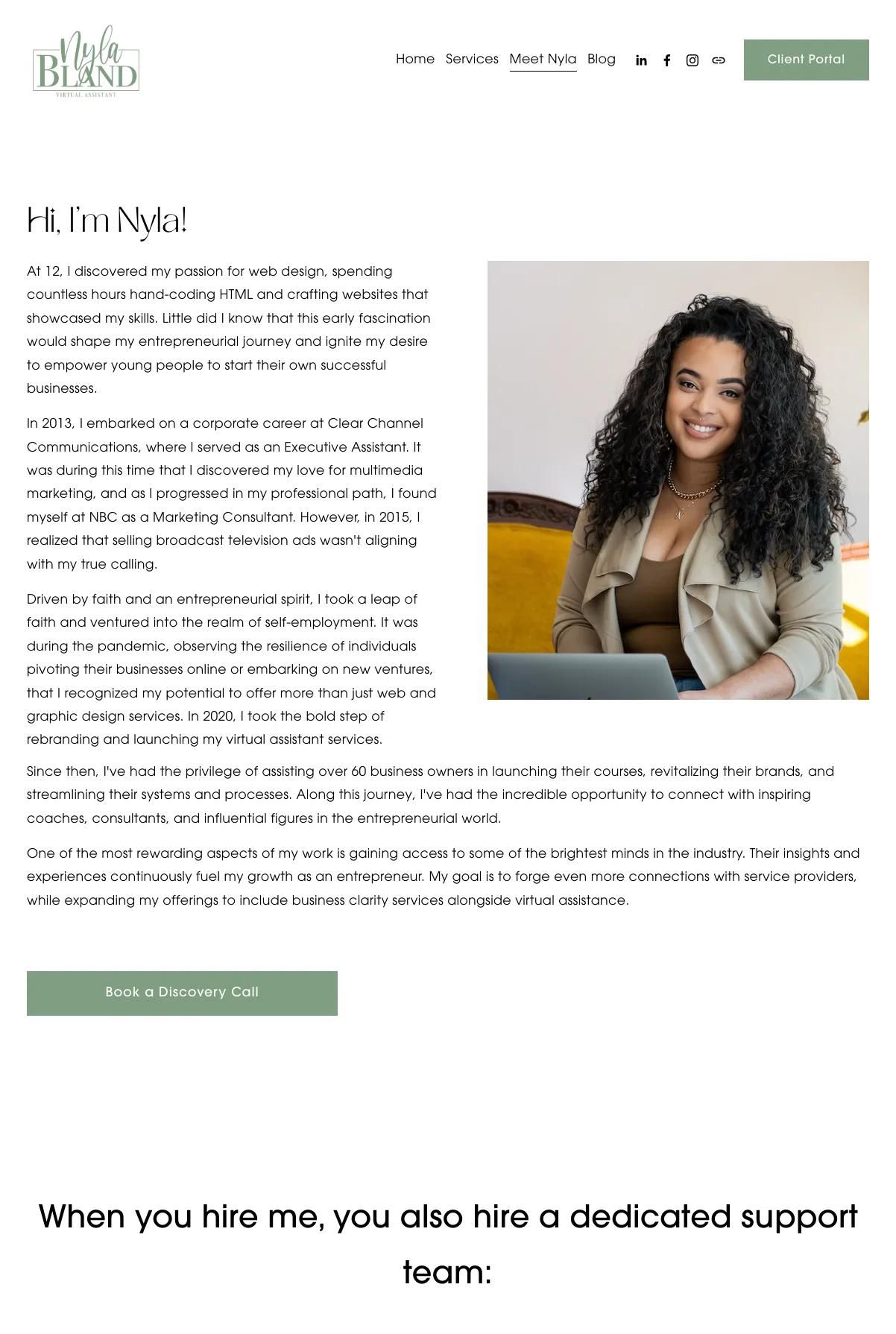 Screenshot 3 of Nyla Bland (Example Squarespace Virtual Assistant Website)
