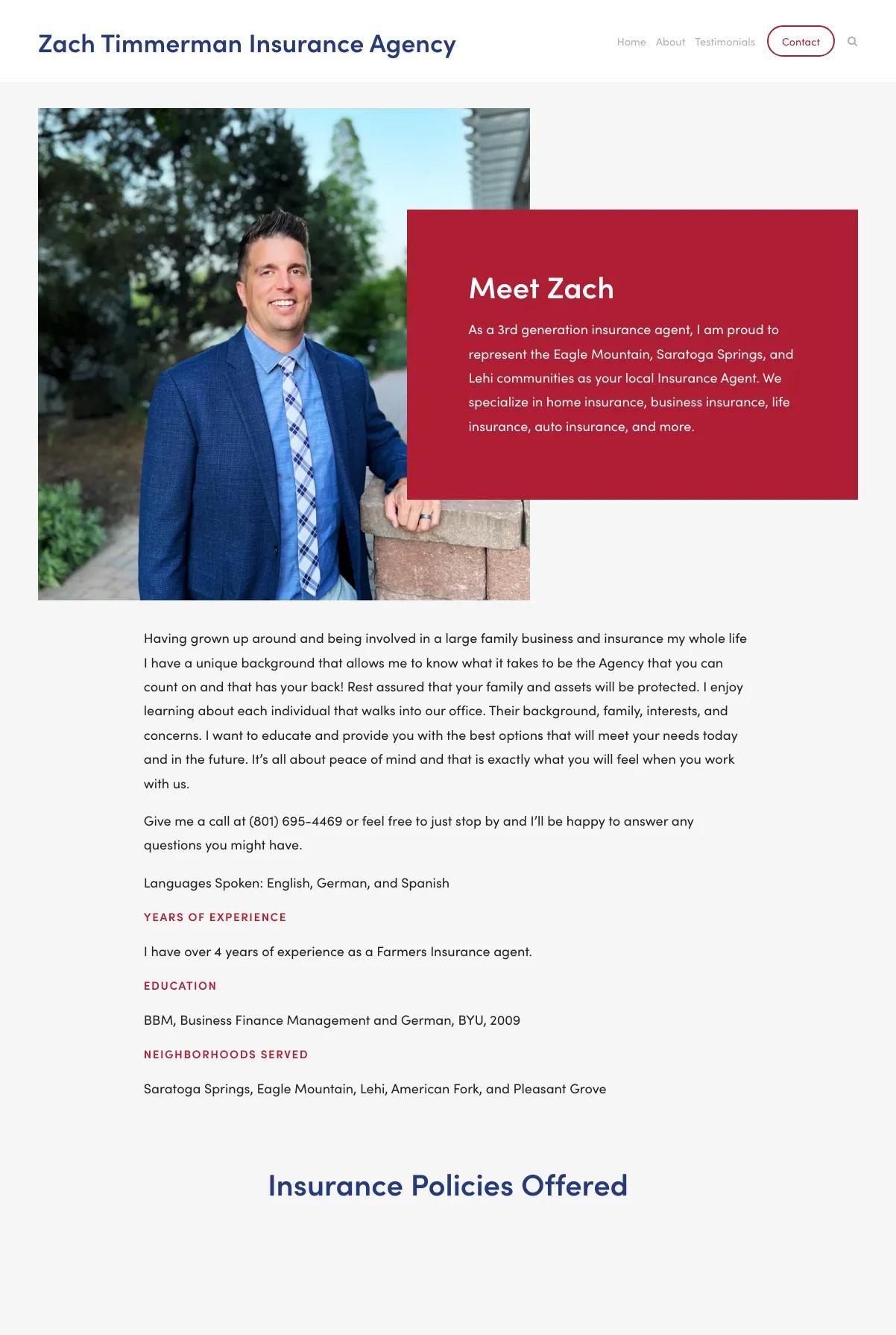 Screenshot 2 of Zach Timmerman Insurance Agency (Example Squarespace Insurance Agent Website)