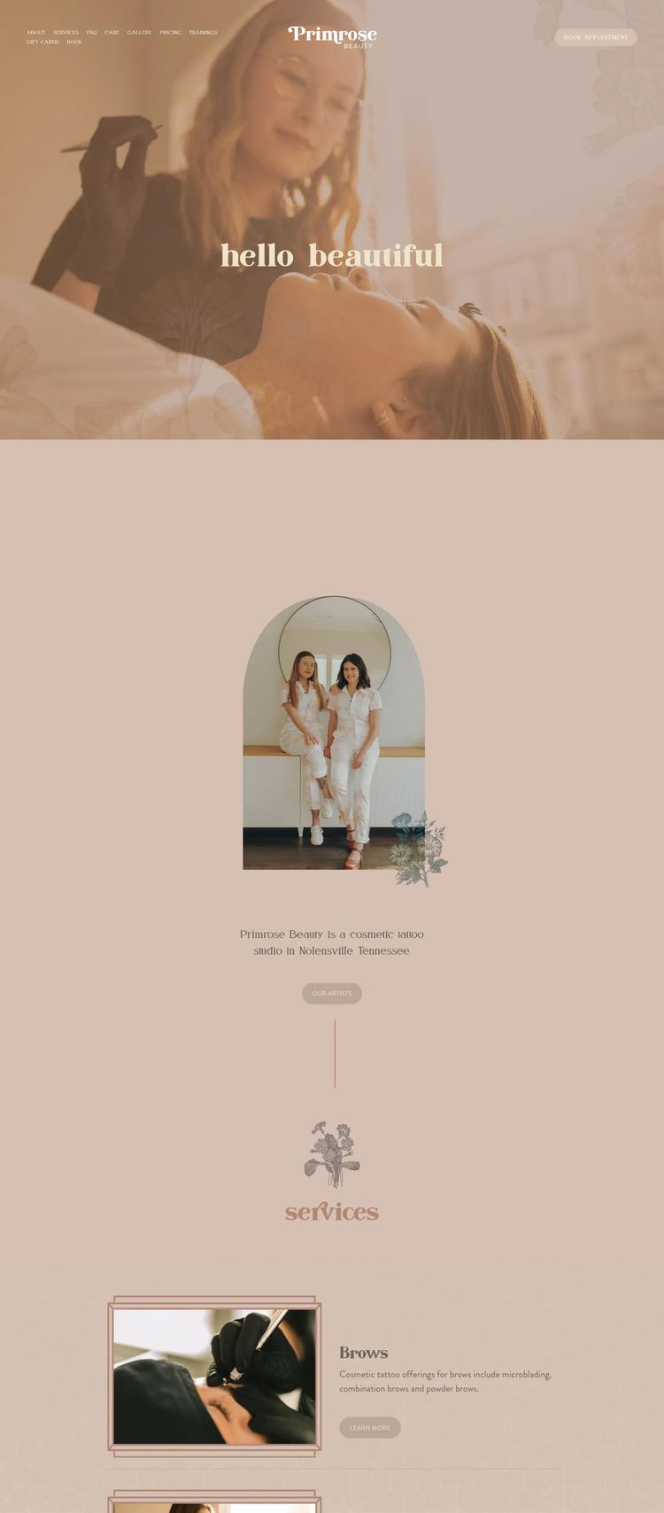Screenshot 1 of Primrose Beauty Studio (Example Squarespace Tattoo Artist/Studio Website)