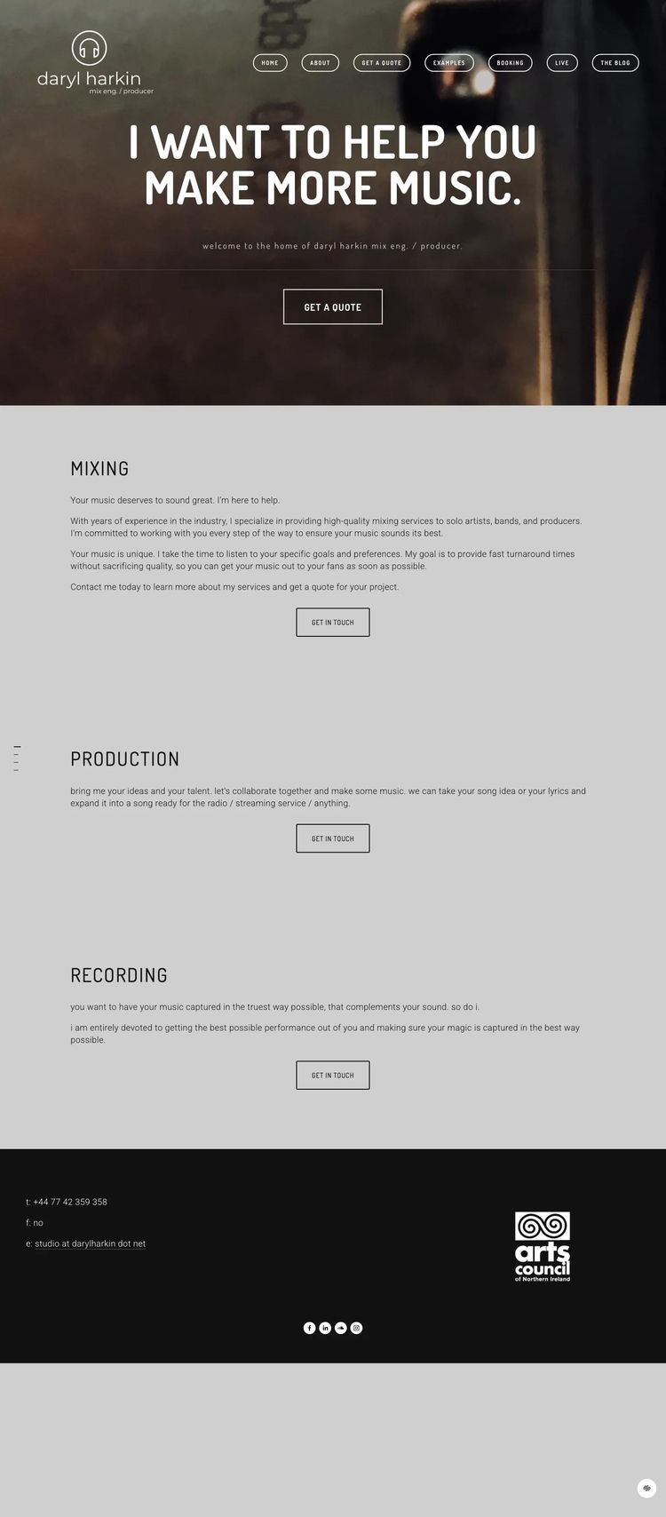 Screenshot 1 of Daryl Harkin (Example Squarespace Music Producer Website)