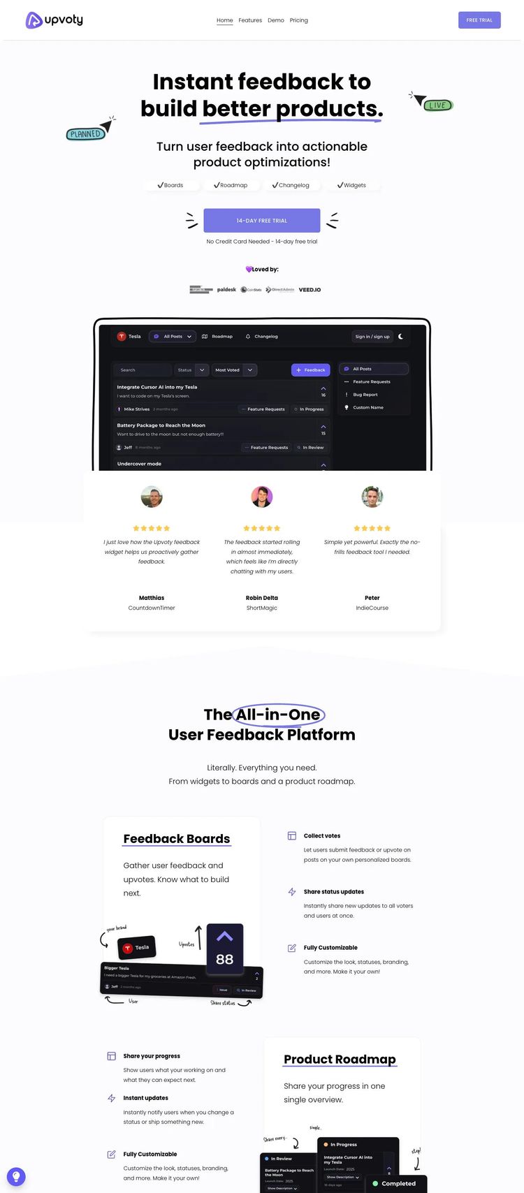 Screenshot 2 of Upvoty (Example Squarespace Software Development Website)