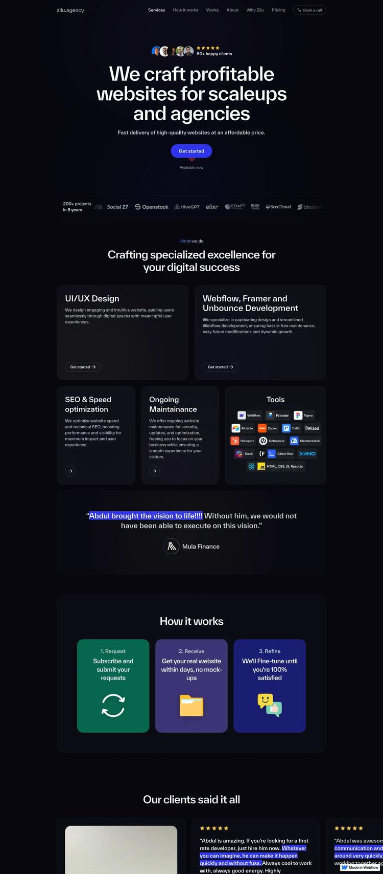 Screenshot 2 of Zilu (Example Webflow Design Agency/Studio Website)