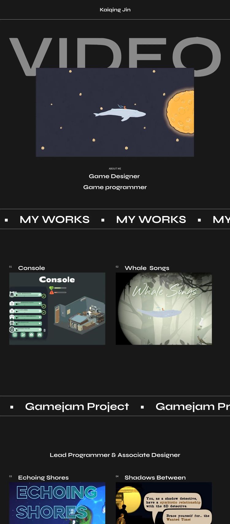 Screenshot 2 of Kaiqing Jin (Example Squarespace Gaming and Interactive Website)