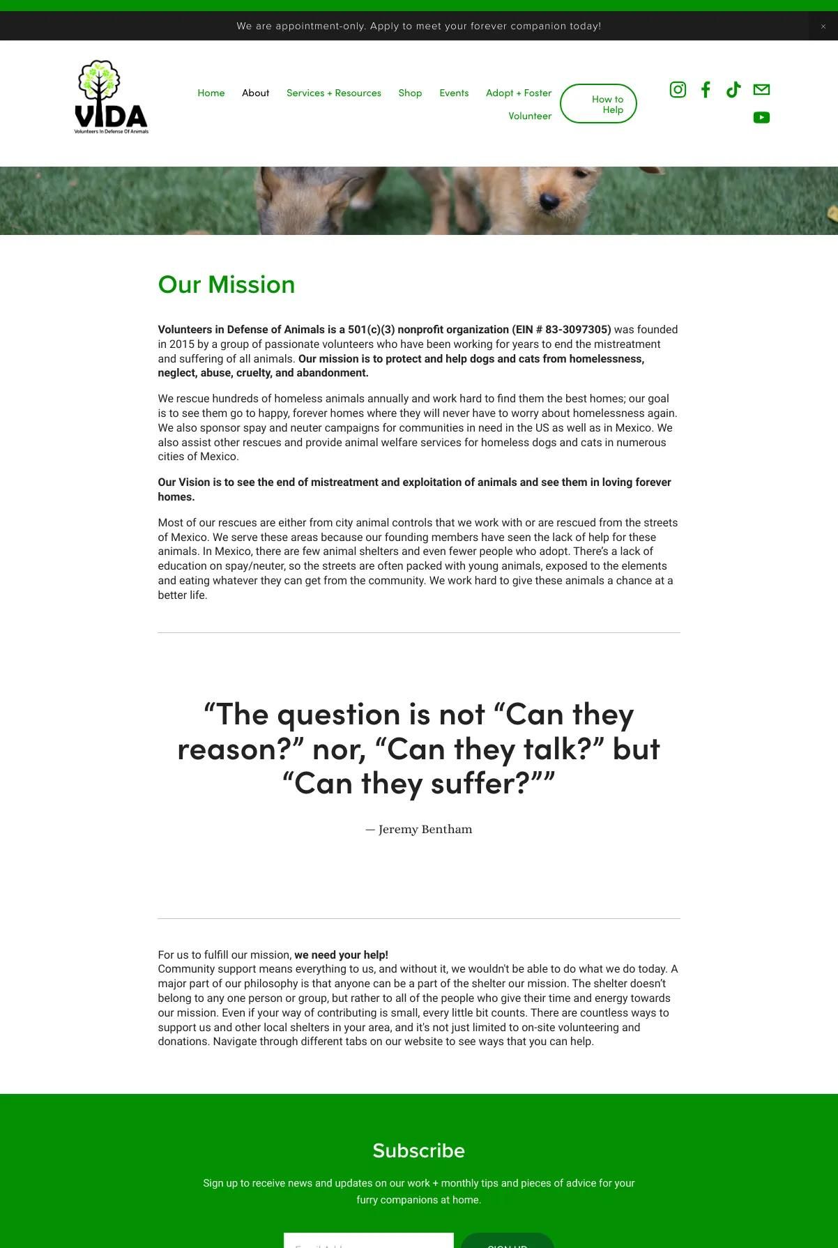 Screenshot 2 of Volunteers in Defense of Animals (Example Squarespace Nonprofit Website)