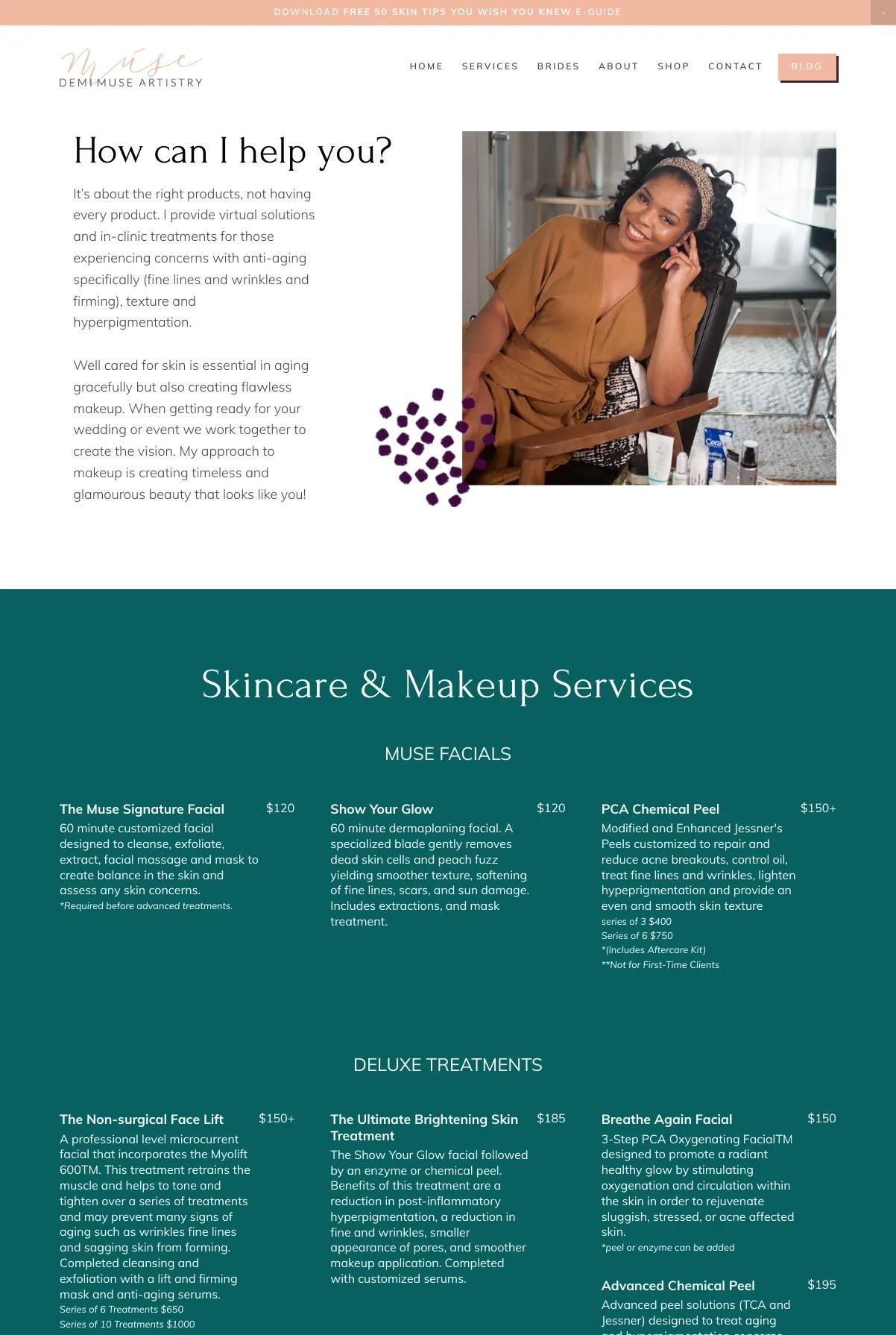 Screenshot 2 of Demi Muse Artistry (Example Squarespace Esthetician Website)