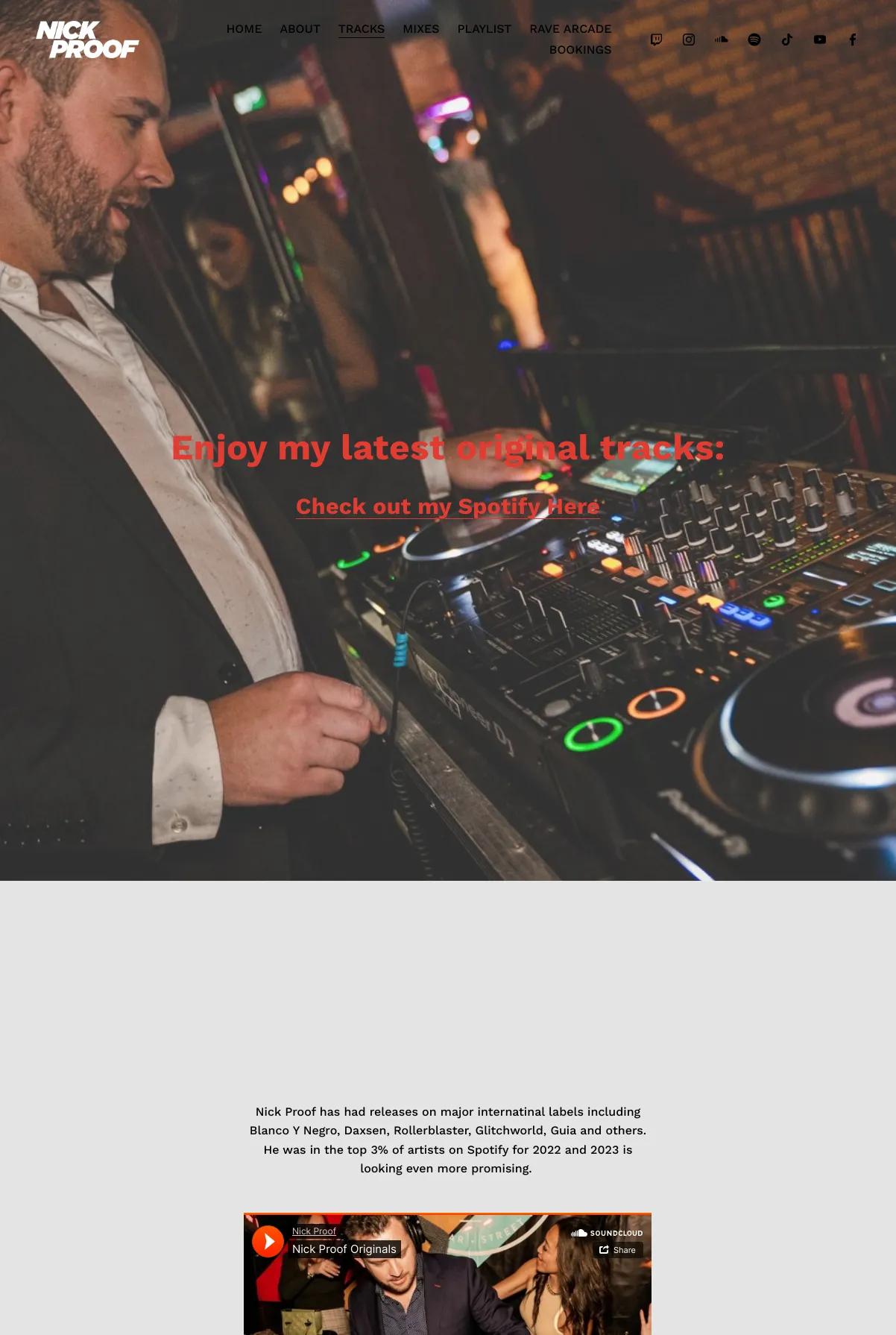 Screenshot 2 of DJ Nick Proof (Example Squarespace Music Producer Website)