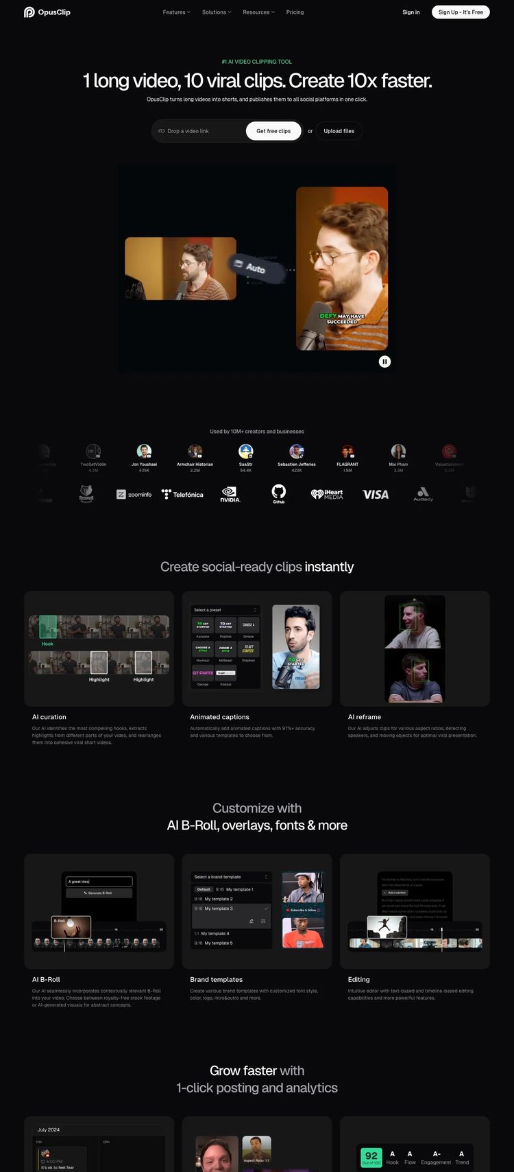 Screenshot 2 of OpusClip (Example Webflow Video Editing Website)
