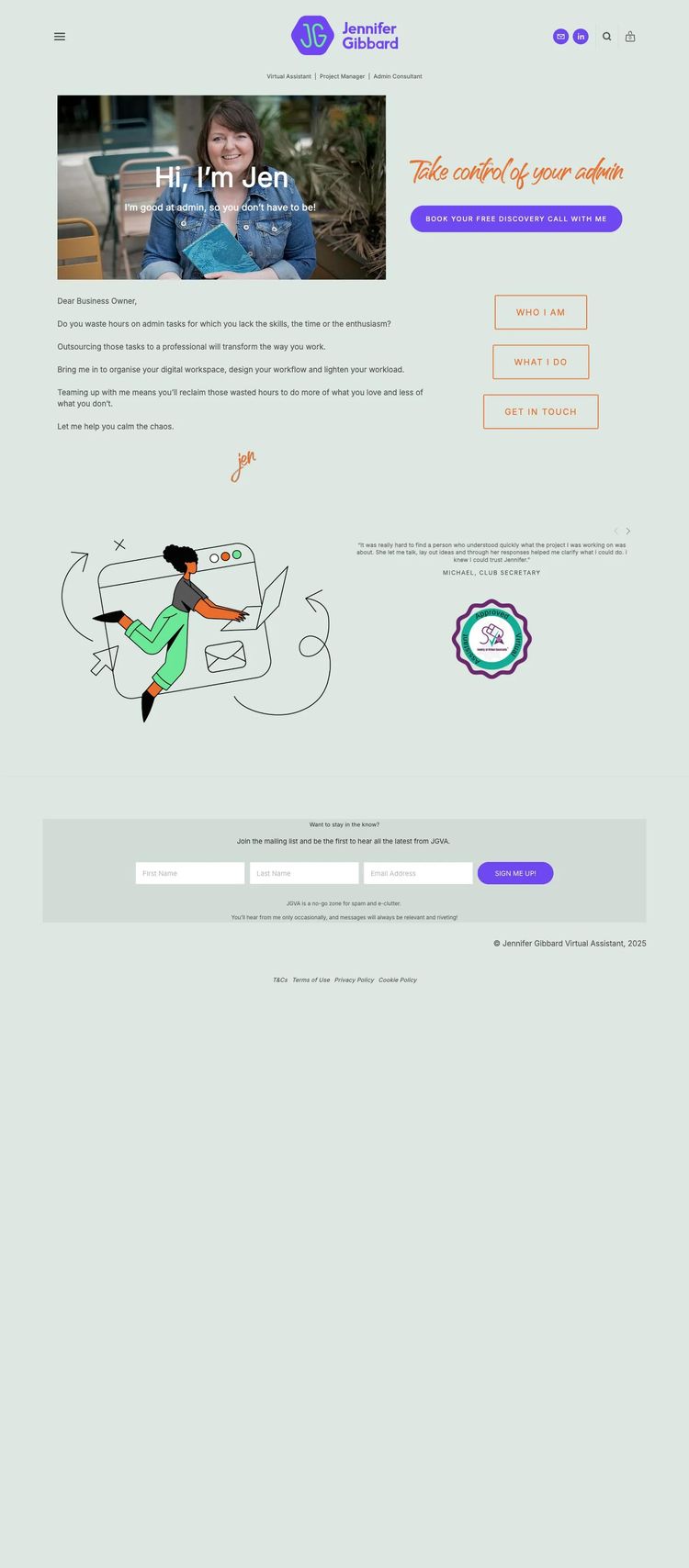 Screenshot 1 of Jennifer Gibbard VA (Example Squarespace Virtual Assistant Website)
