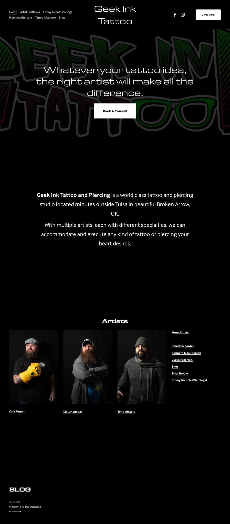 Screenshot 1 of Geek Ink Tattoo (Example Squarespace Tattoo Artist/Studio Website)