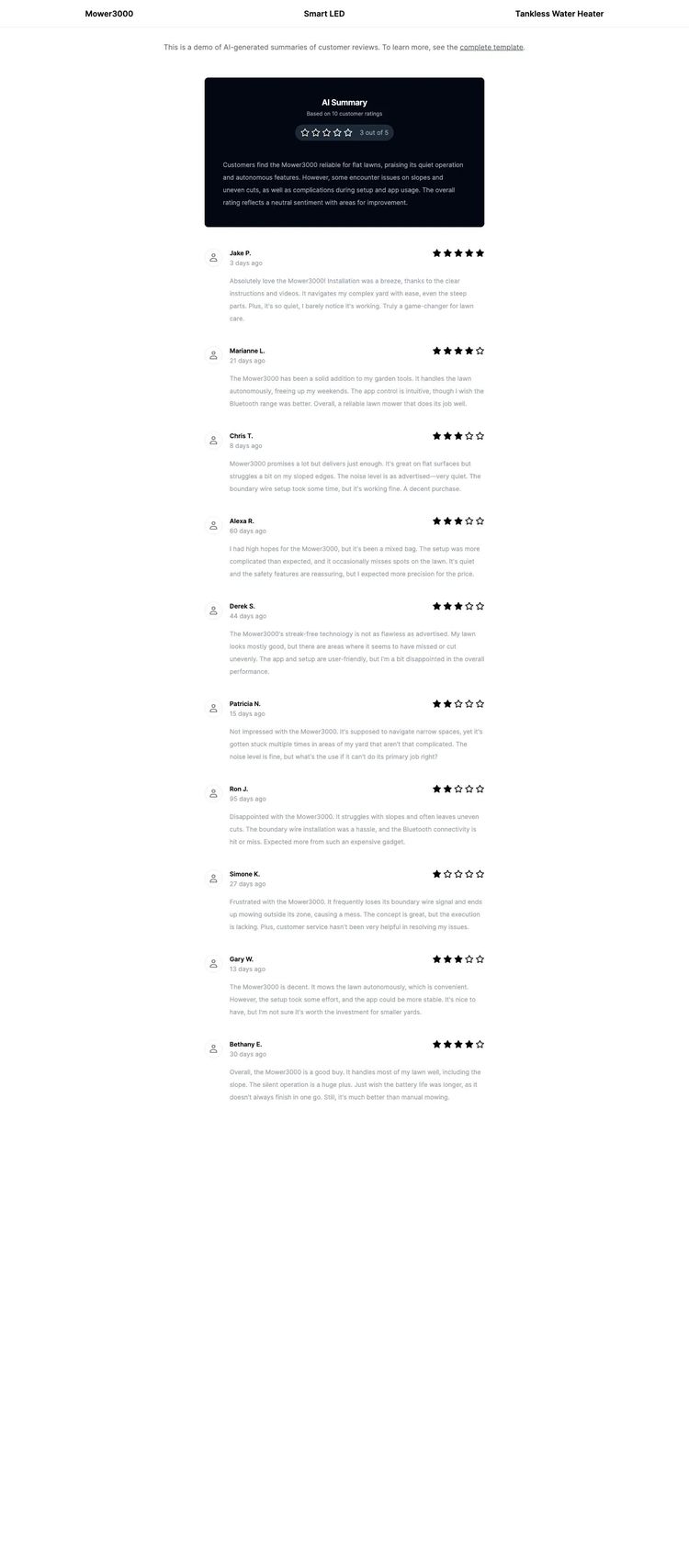Screenshot 1 of Customer Reviews Ai Summary Template