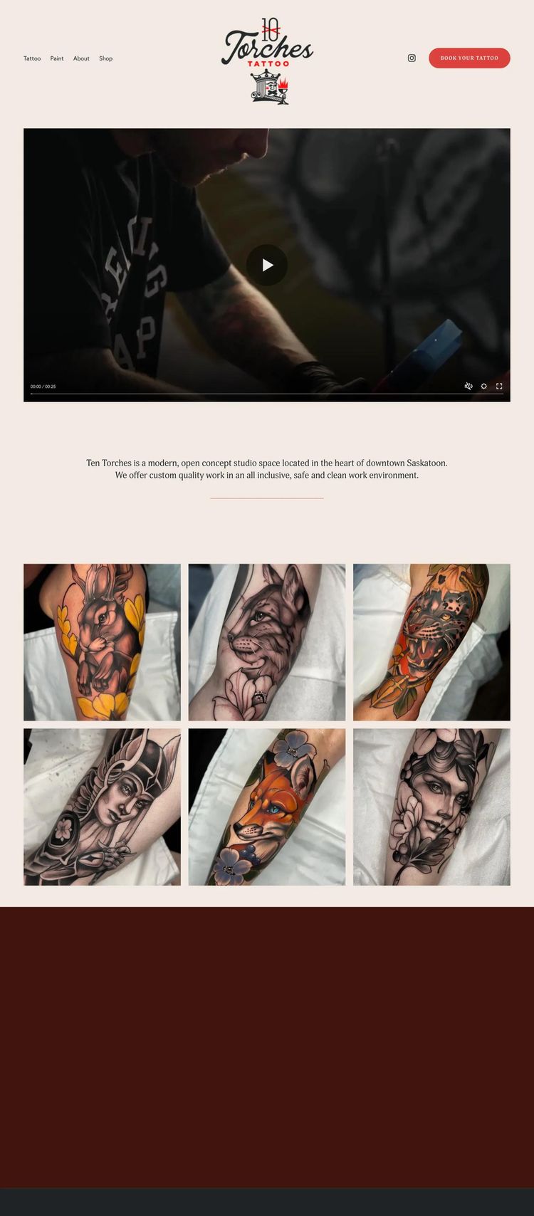 Screenshot 1 of Ten Torches Tattoo (Example Squarespace Tattoo Artist/Studio Website)