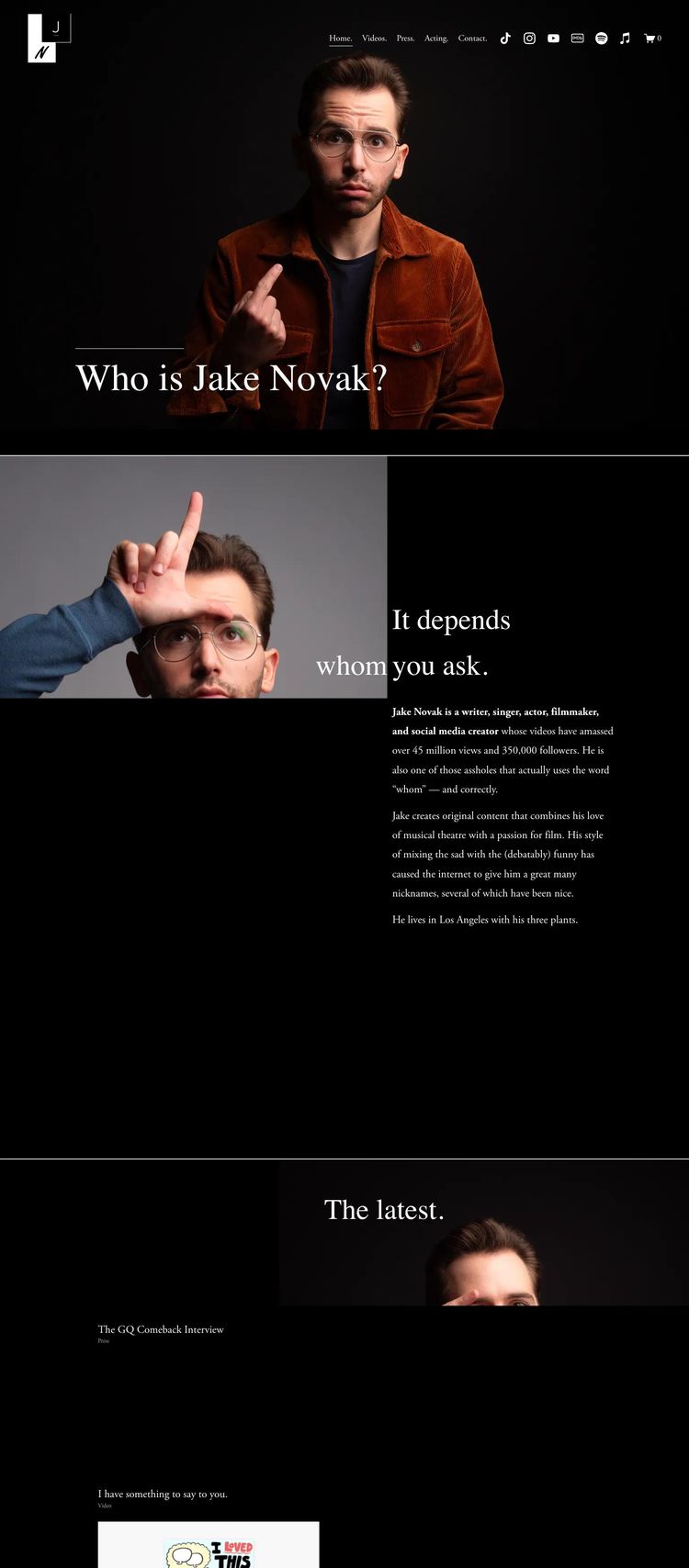 Screenshot 1 of Jake Novak (Example Squarespace Actor/Performer Website)