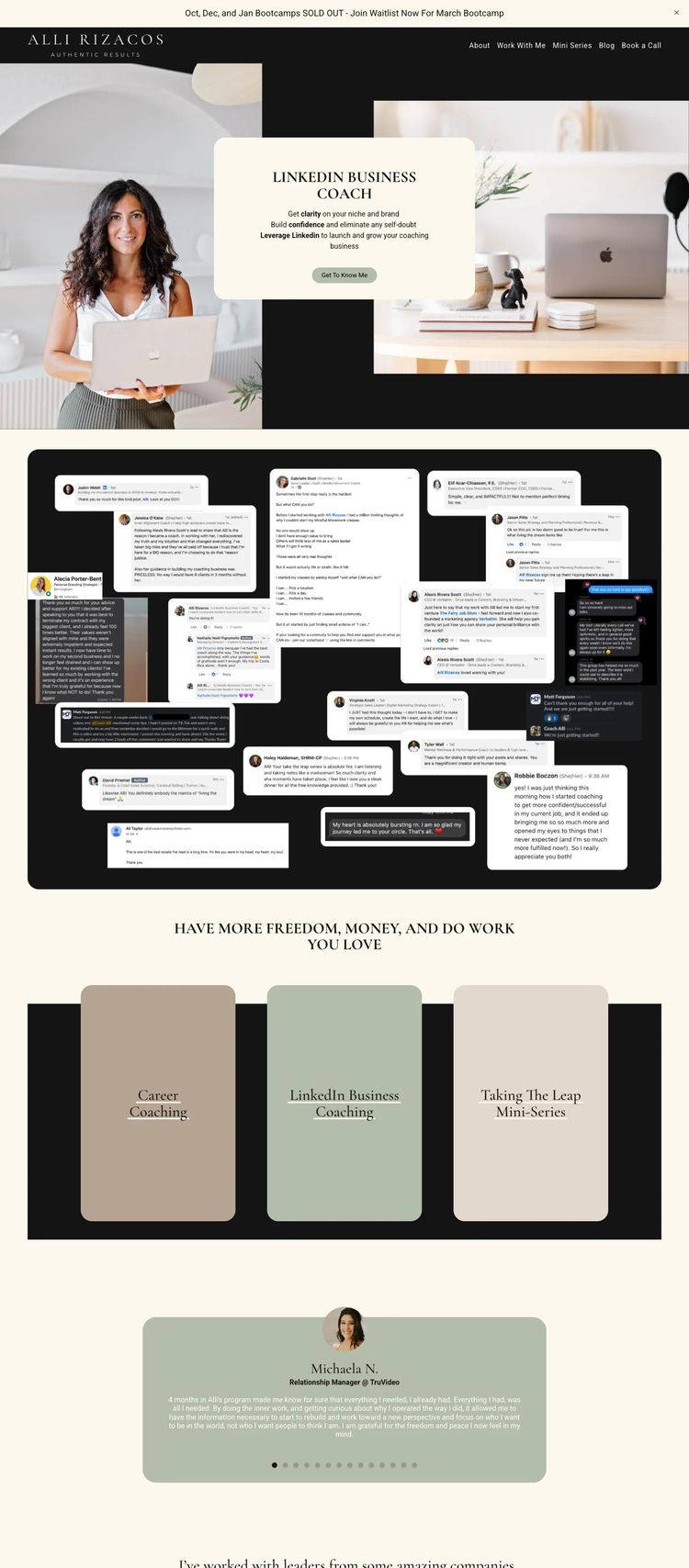 Screenshot 1 of Alli Rizacos (Example Squarespace Life/Business Coach Website)