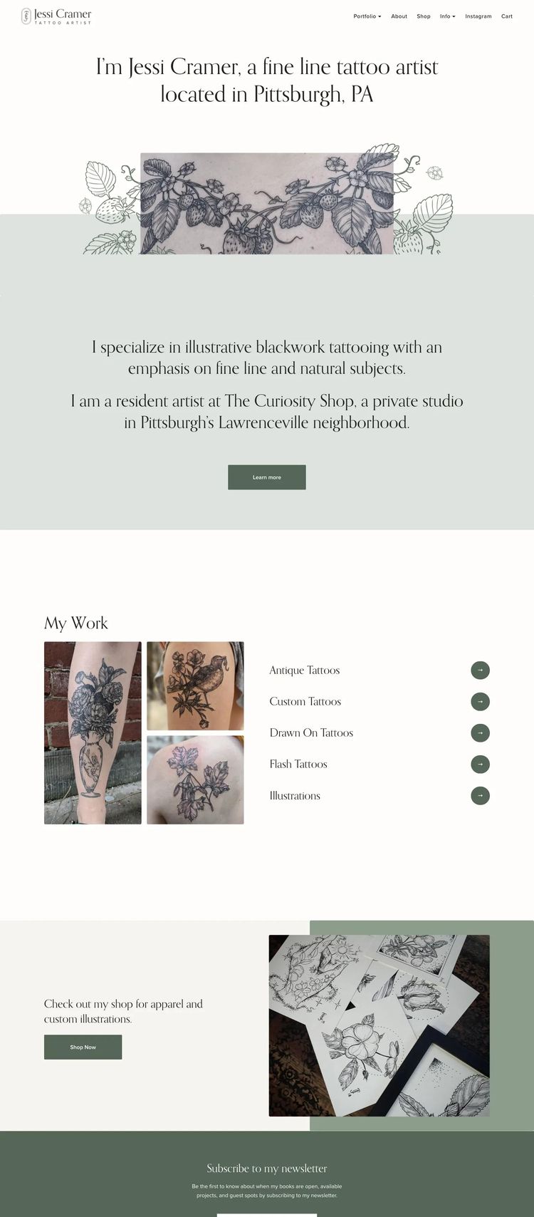 Screenshot 1 of Jessi Cramer Tattoo Artist (Example Squarespace Tattoo Artist/Studio Website)