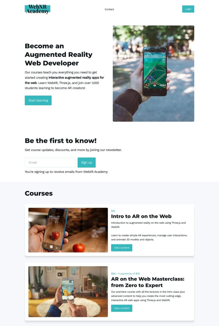 Screenshot 1 of WebXR Academy (Example Podia Website)