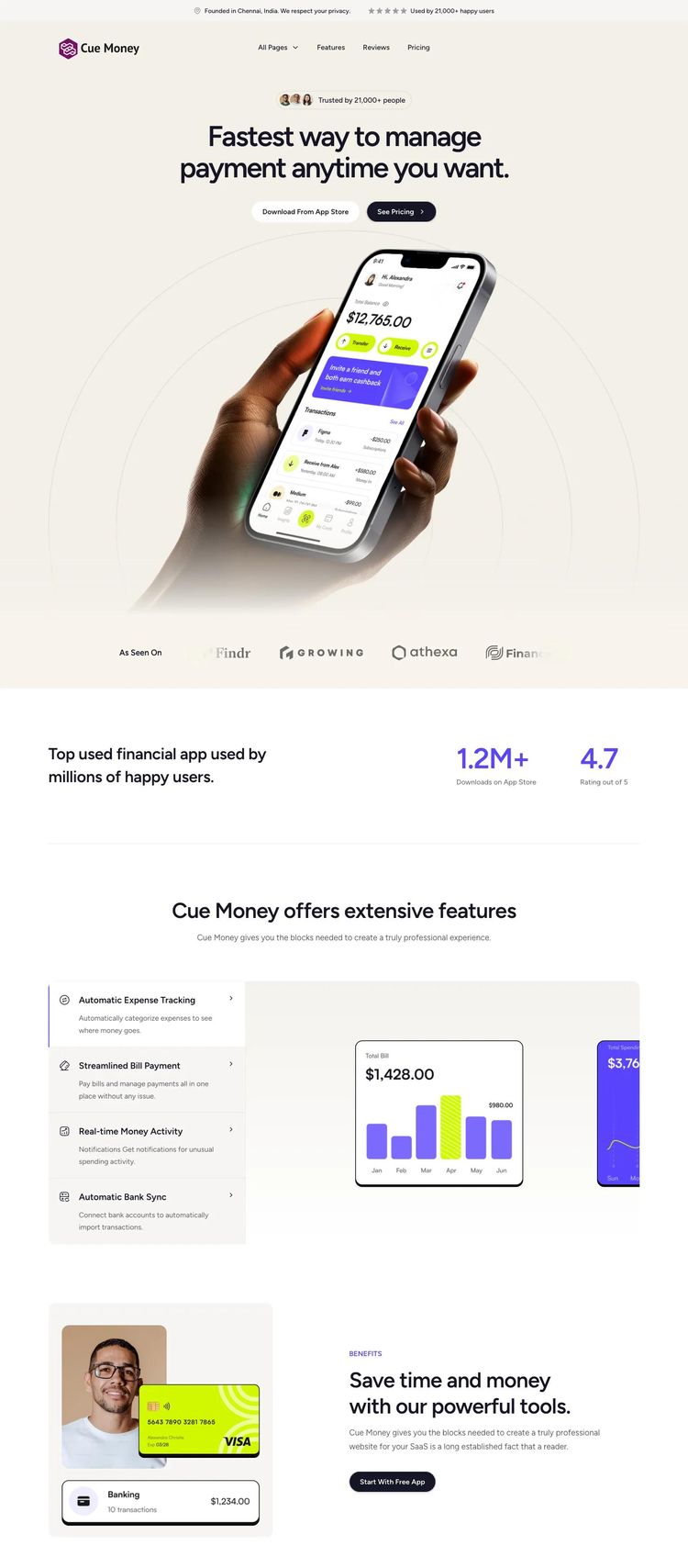 Screenshot 2 of Cue Money (Example Framer Mobile App Website)