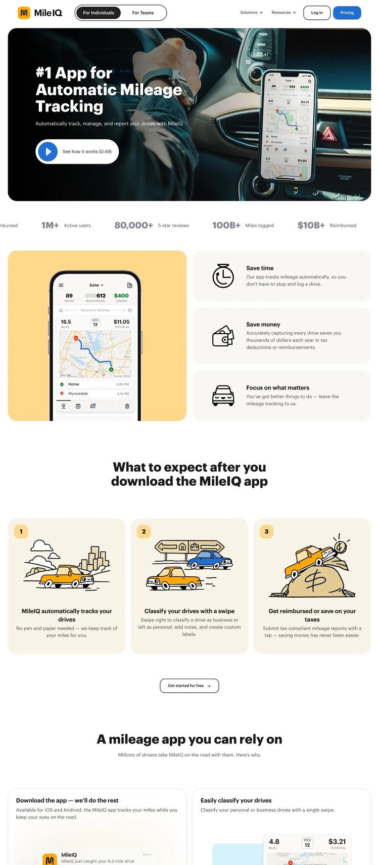 Screenshot 2 of MileIQ (Example Webflow Mobile App Website)