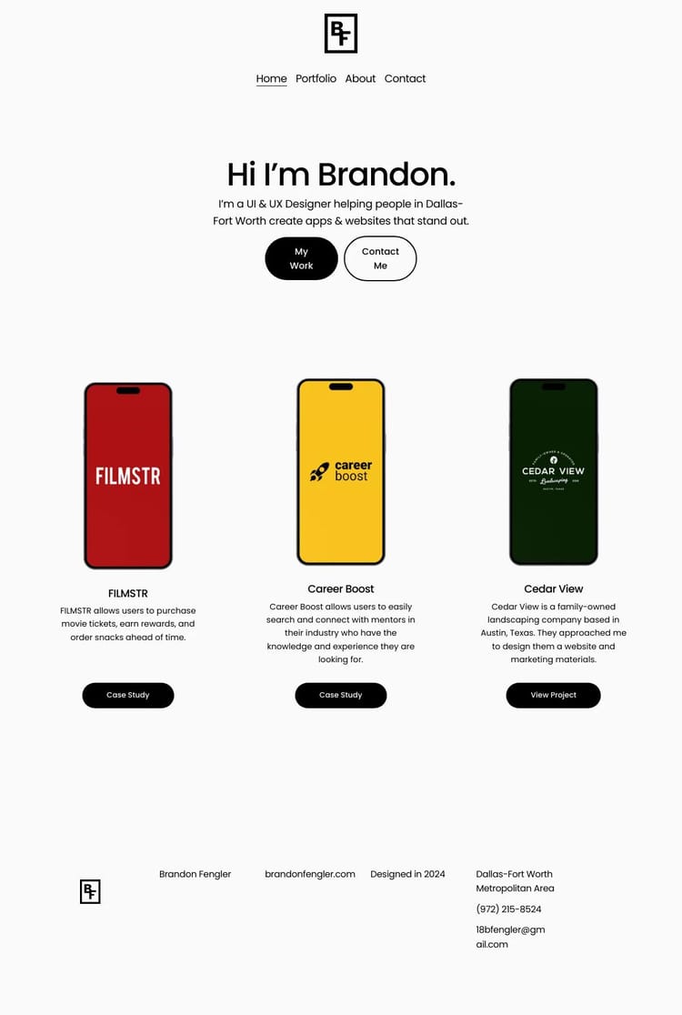 Screenshot 1 of Brandon Fengler (Example Squarespace Portfolio Website)