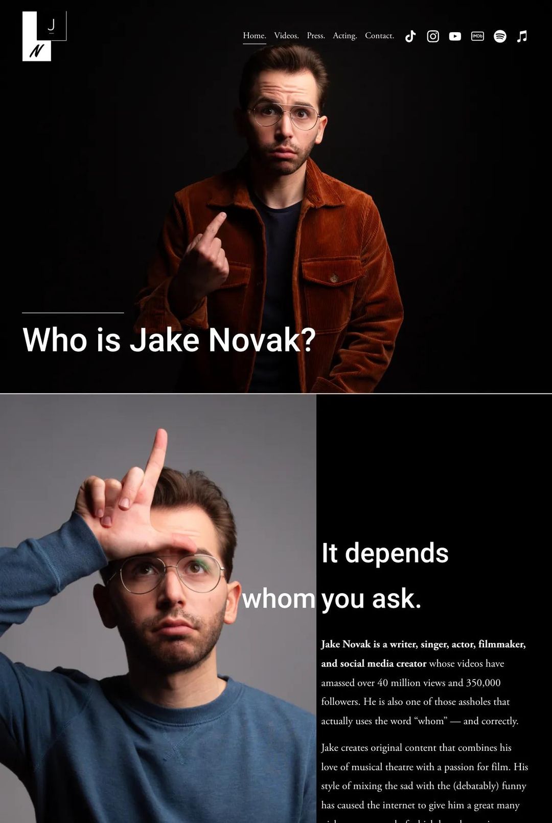 Screenshot 1 of Jake Novak (Example Squarespace Actor Website)