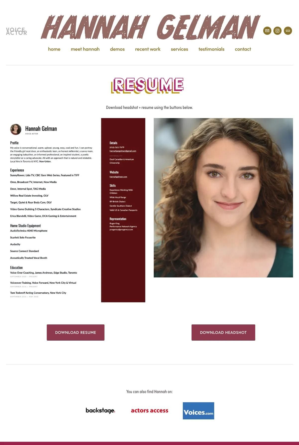 Screenshot 2 of Hannah Gelman (Example Squarespace Actor Website)
