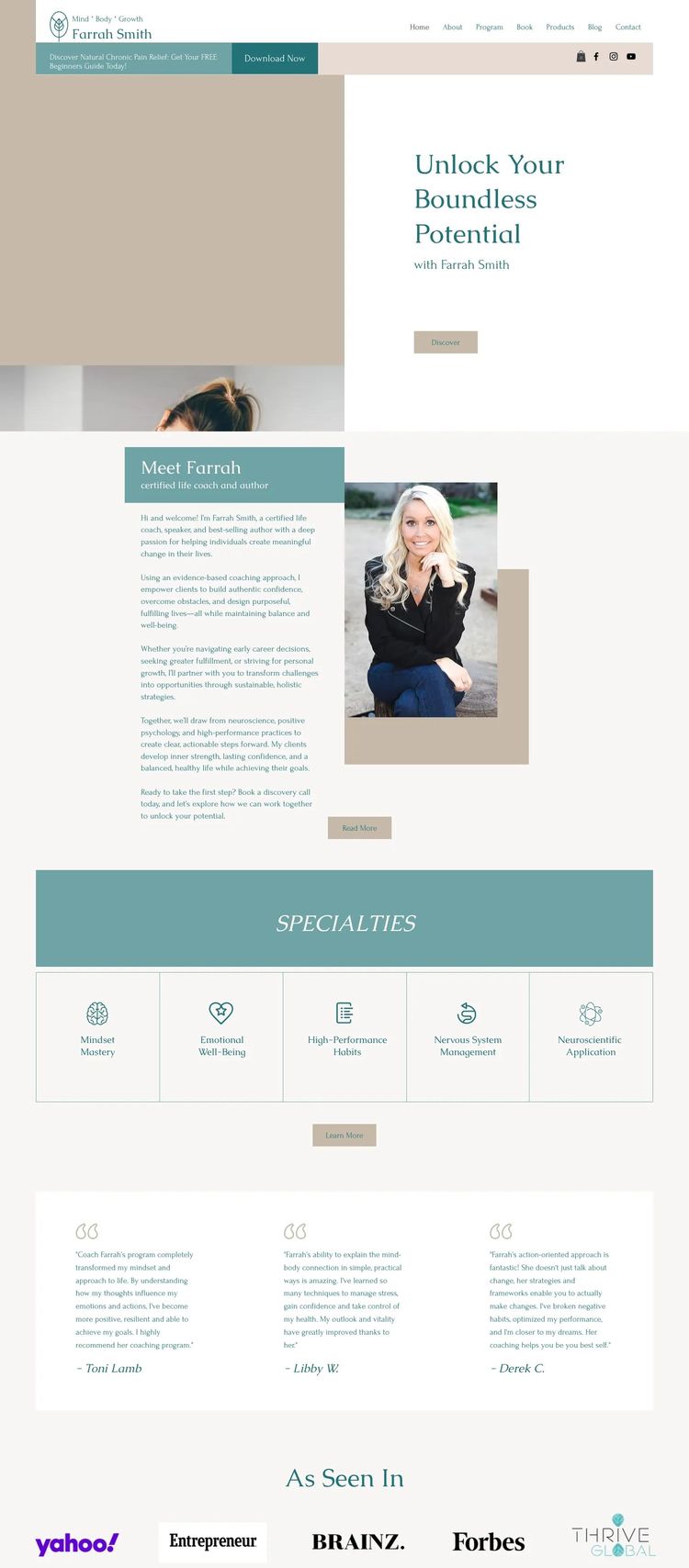Screenshot 1 of Coach Farrah Smith (Example Squarespace Life/Business Coach Website)
