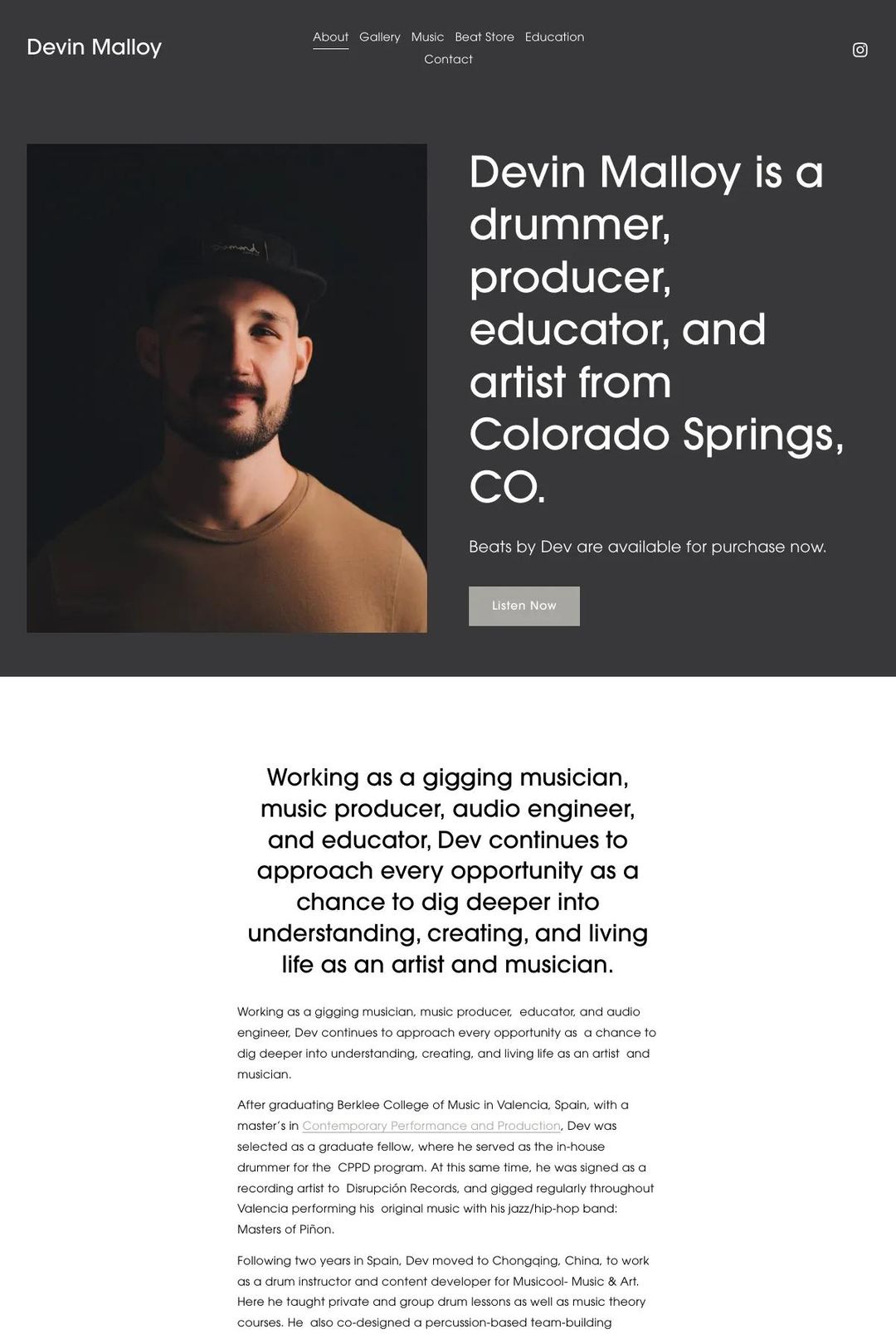 Screenshot 1 of Devin Malloy (Example Squarespace Music Producer Website)