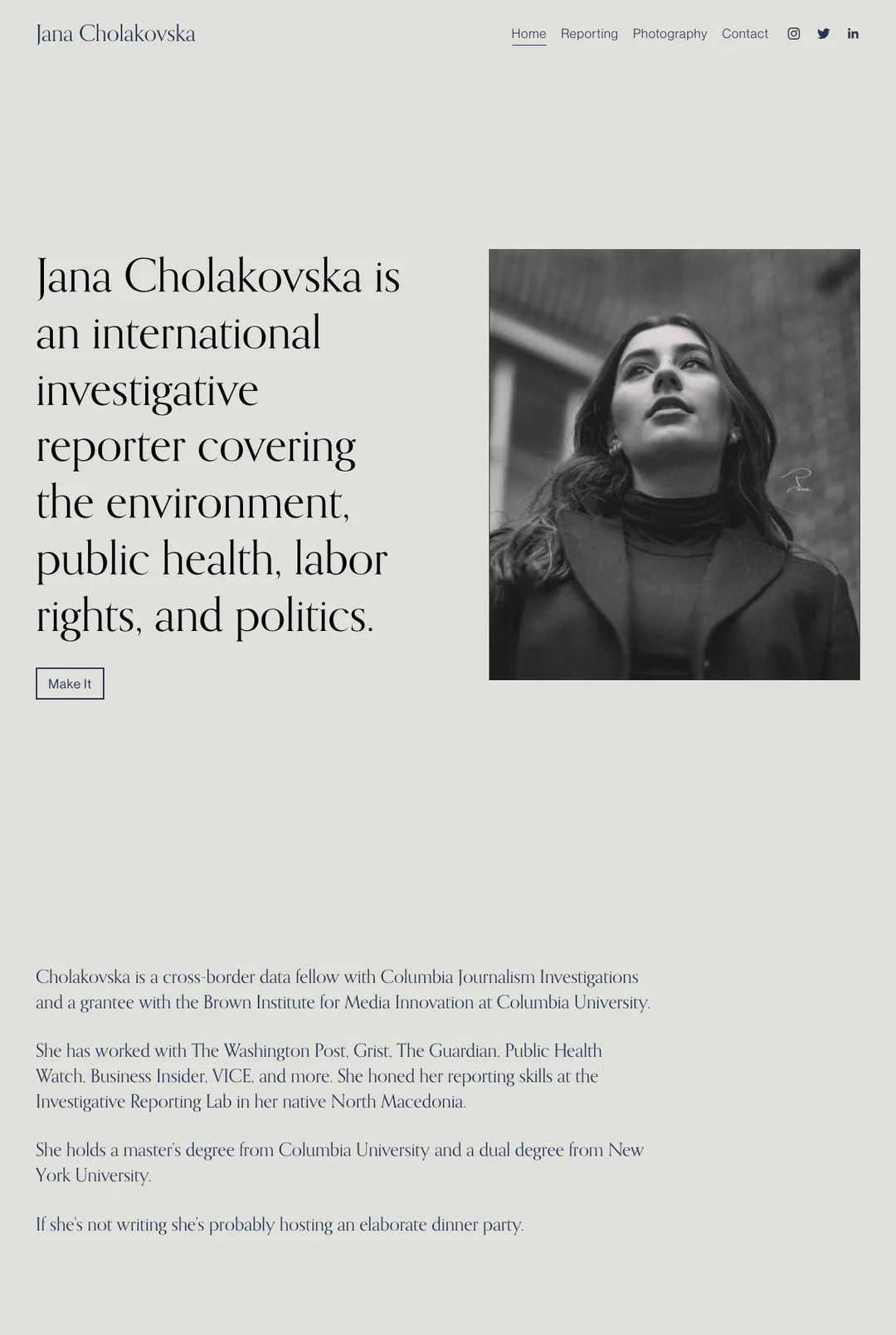 Screenshot 1 of Jana Cholakovska (Example Squarespace Journalist Website)