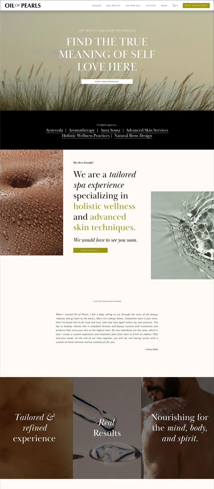Screenshot 1 of OIL OF PEARLS (Example Squarespace Esthetician Website)