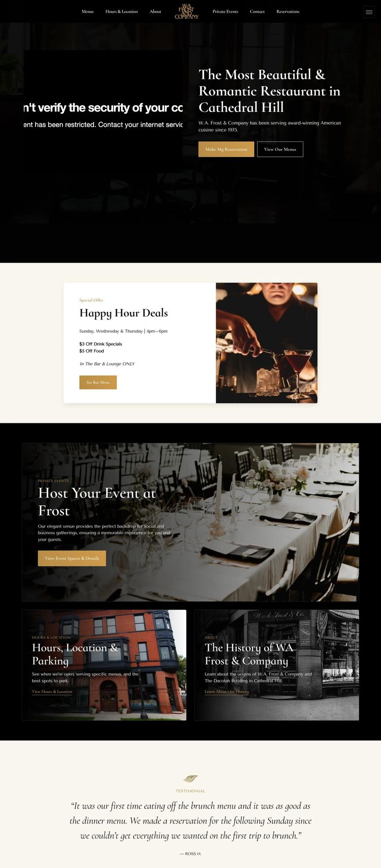 Screenshot 2 of W.A. Frost & Company (Example Webflow Restaurant Website)