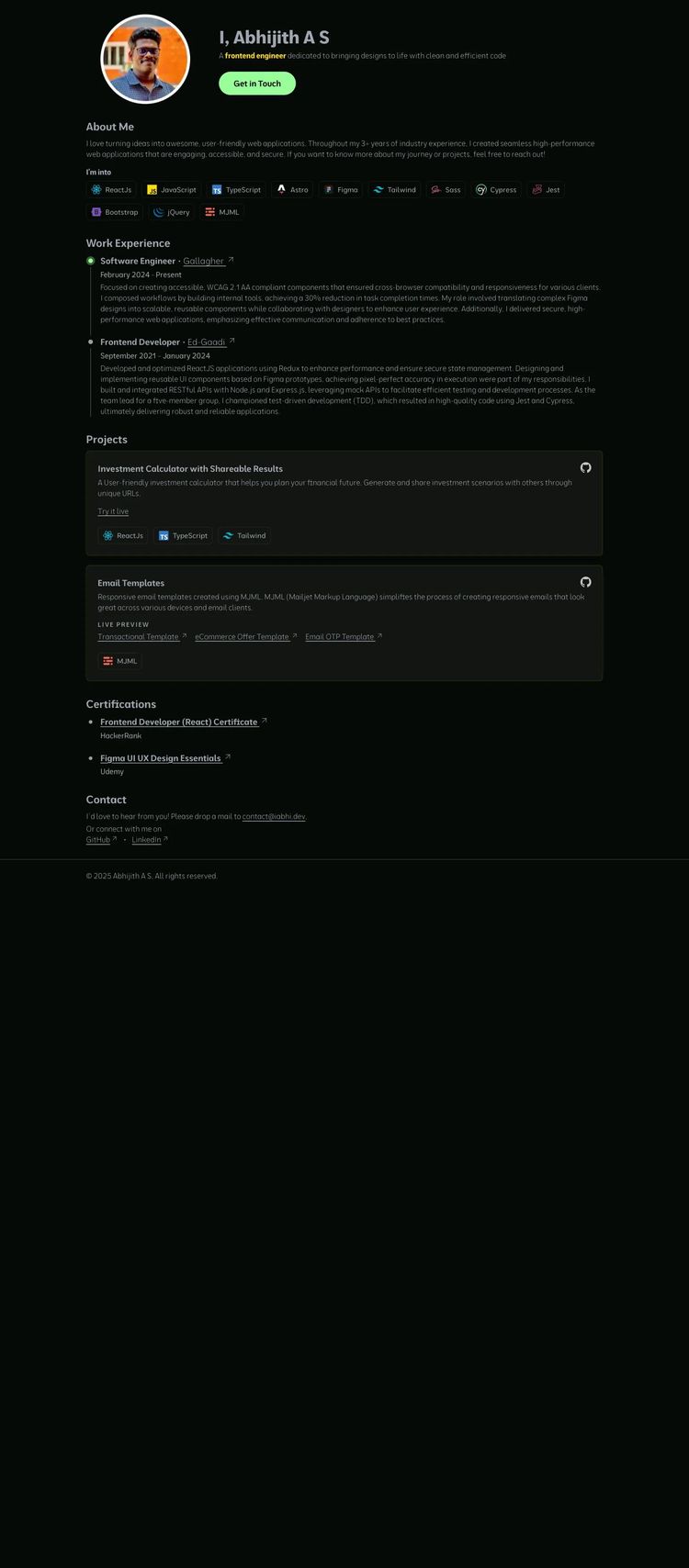 Screenshot 2 of Abhijith A S (Example Astro Web Developer Portfolio Website)