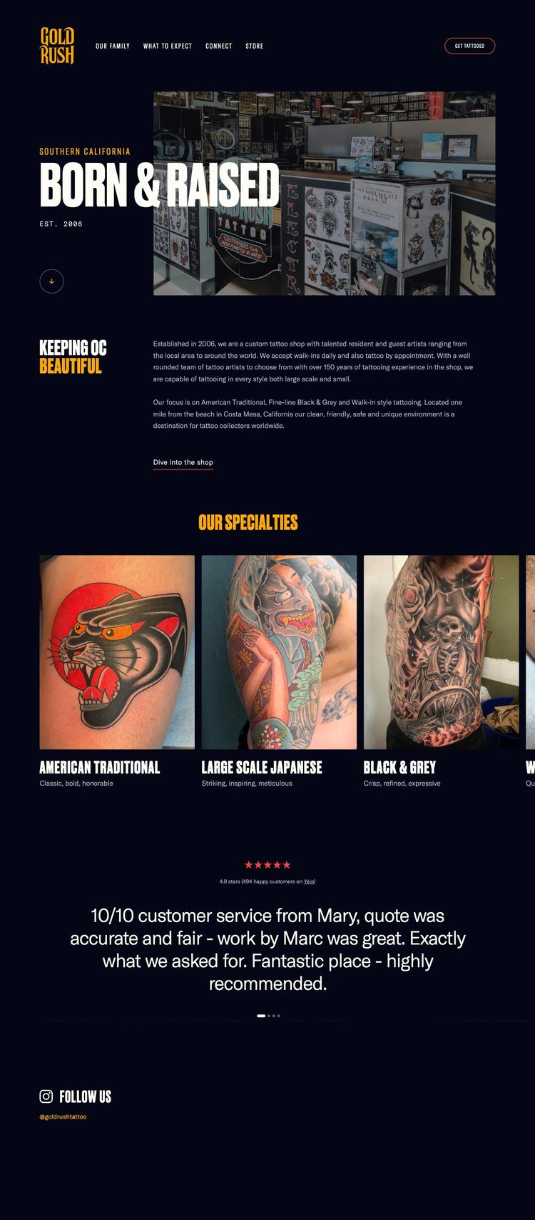 Screenshot 1 of Gold Rush Tattoo (Example Squarespace Tattoo Artist/Studio Website)