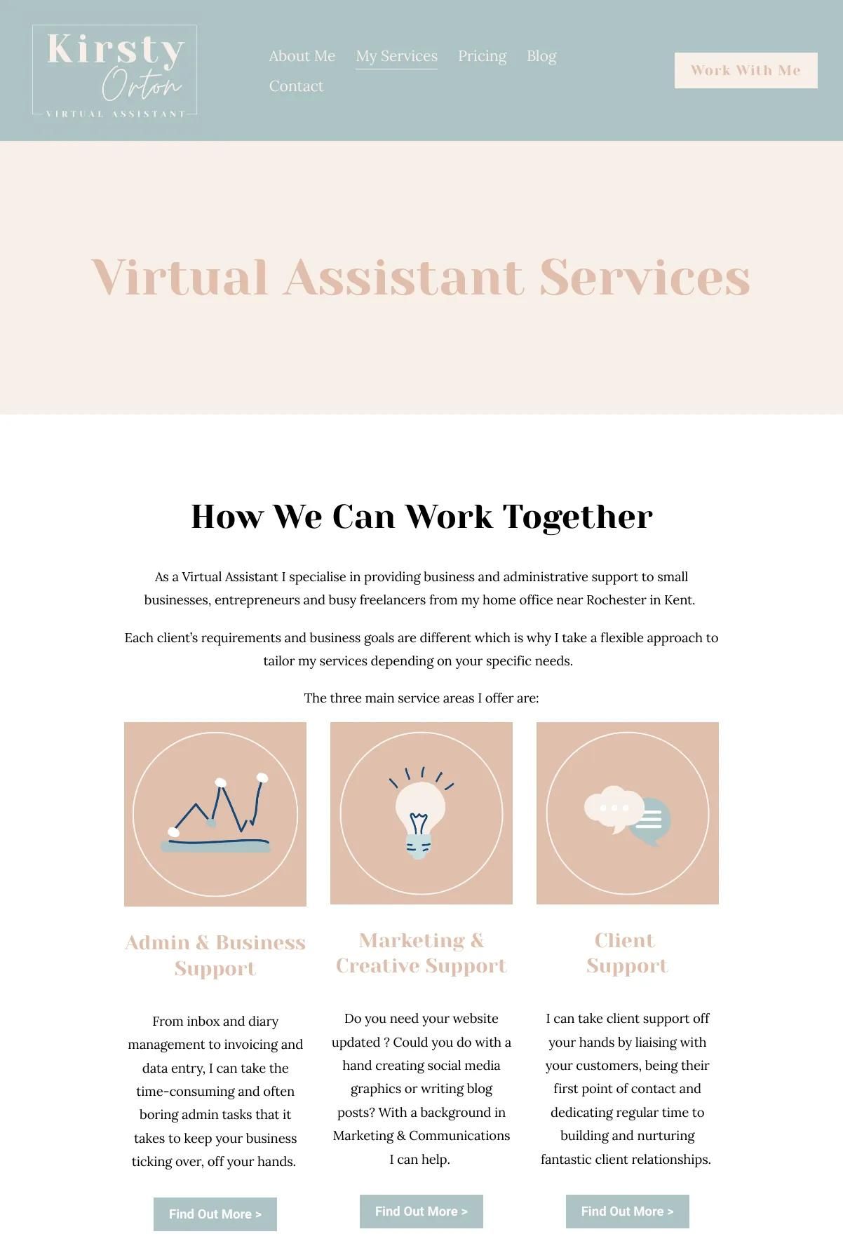 Screenshot 2 of Kirsty Orton VA (Example Squarespace Virtual Assistant Website)