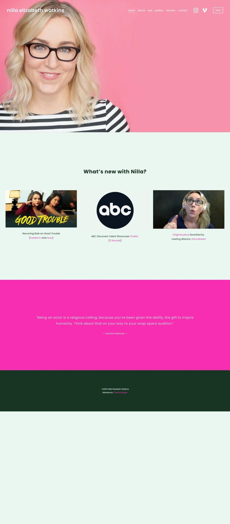 Screenshot 1 of Nilla Elizabeth Watkins (Example Squarespace Actor/Performer Website)