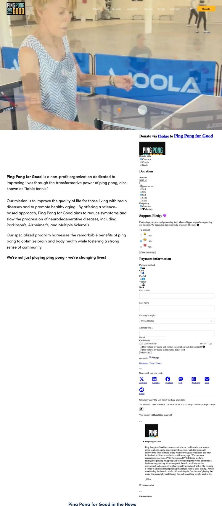 Screenshot 1 of Ping Pong for Good (Example Squarespace Nonprofit Organization Website)