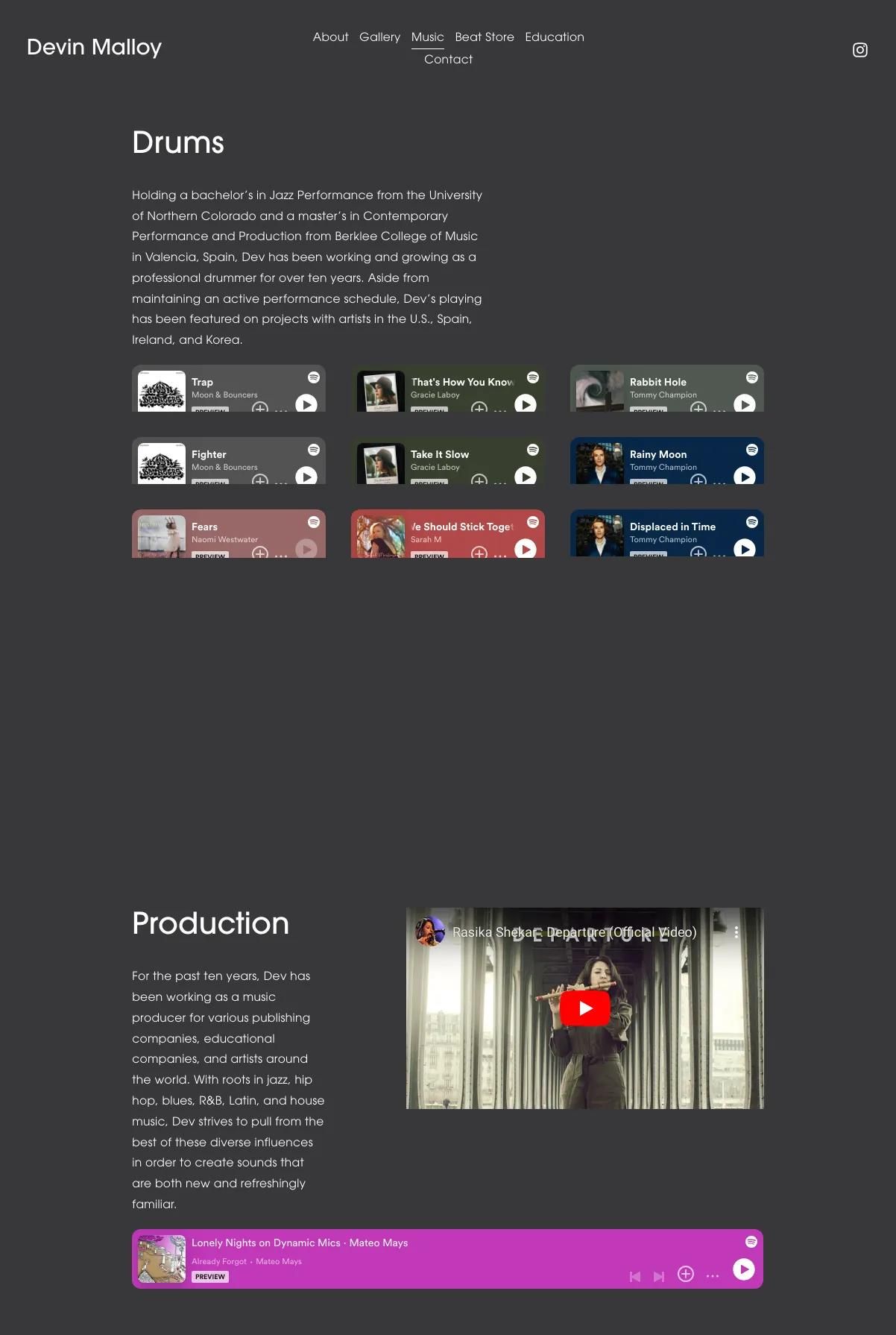 Screenshot 3 of Devin Malloy (Example Squarespace Music Producer Website)